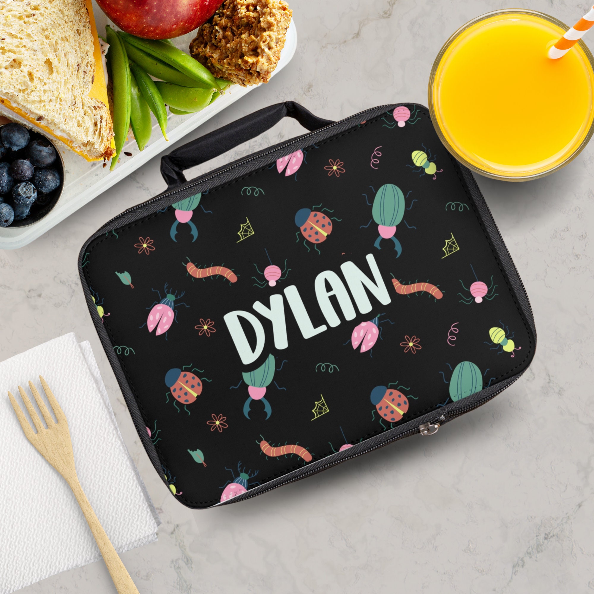 Bug Lunchbox with Custom Name / Bugs Lunch Bag for School / Personalized Lunchbox for Her / Cute Insect Snack Bag for Girl / Kid Camp Lunch