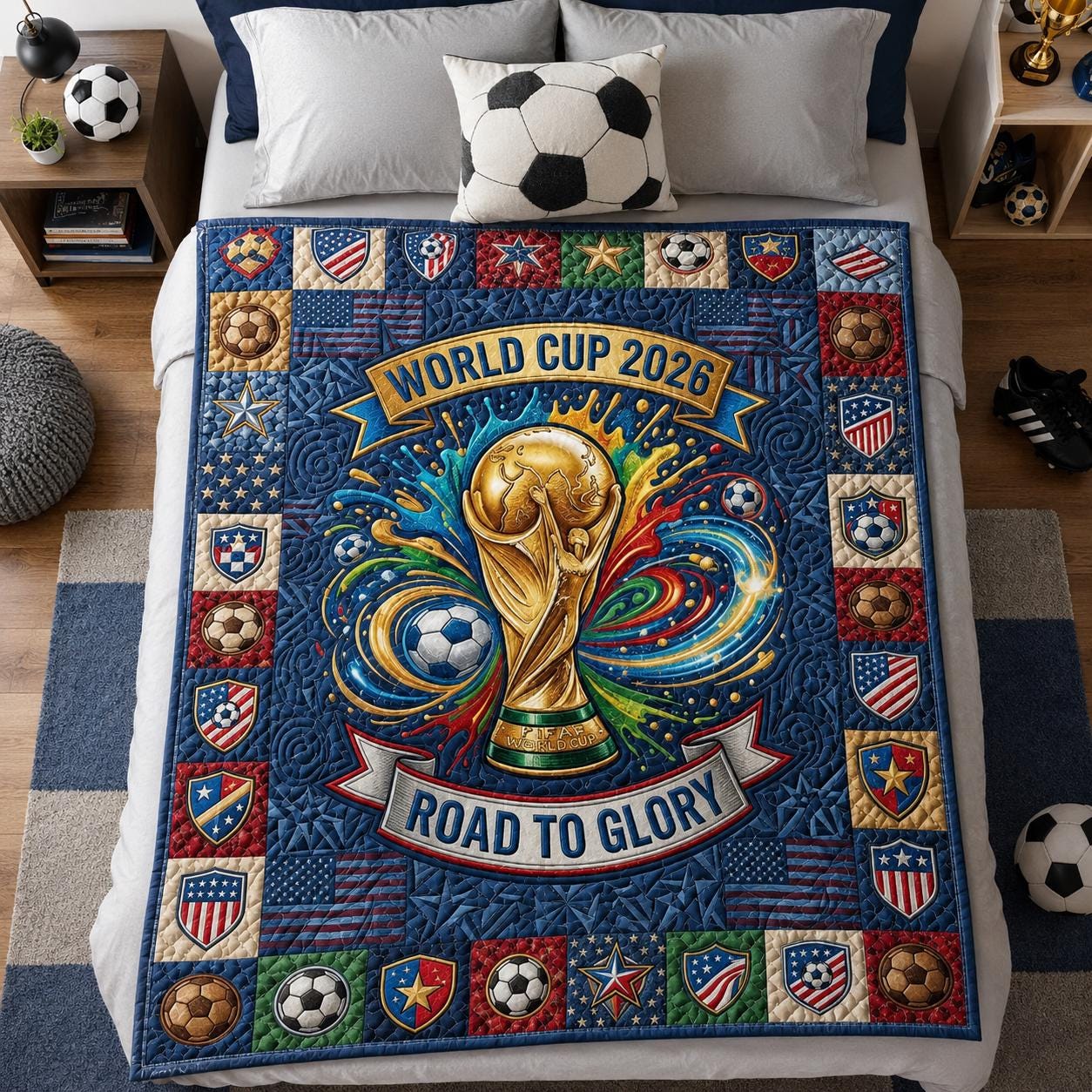 Road To Glory Soccer Quilt Blanket, 2026 Trophy Fan Throw, 2D Printed Championship Bedding