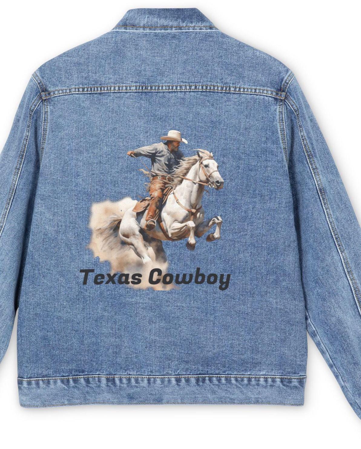 A Texas Cowboy Denim Jacket with Texas Cowboy Design, Casual Wear, Western Style, Gift for Him, Everyday Outerwear, Rodeo Fashion