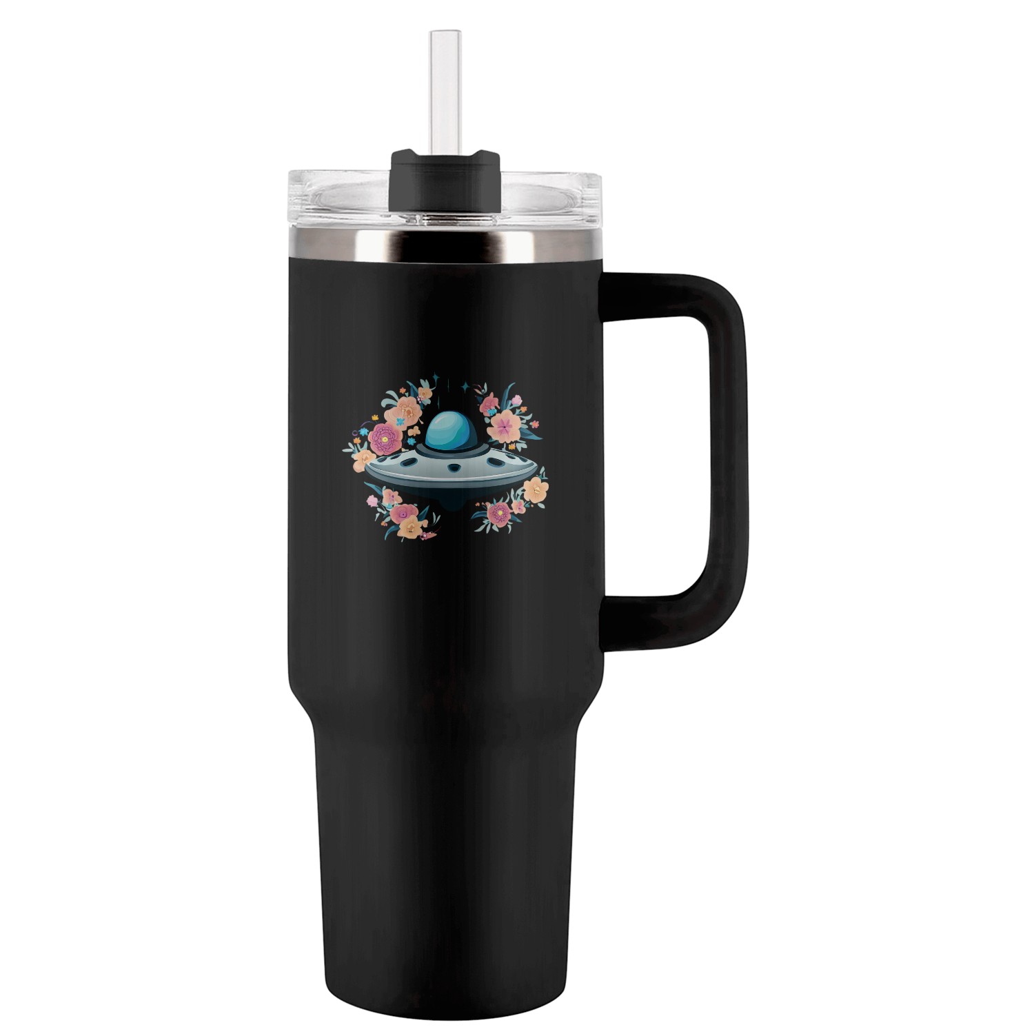 UFO surrounded by flowers Tumblers 40 Oz With Handle