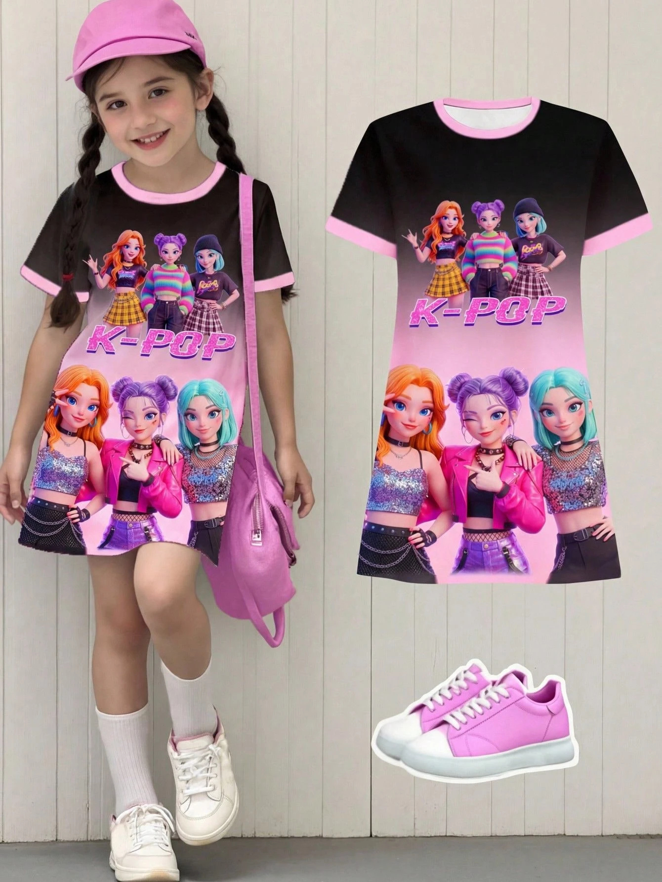 Little Girl Black Pink Gradient Kpop Demon Hunter T-shirt Dress, Summer Short Sleeve Dress Gift