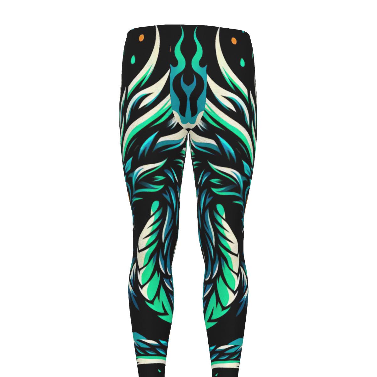 Blue Green Dragon Men's Athletic Leggings for Martial Arts, Running, Workout, Fitness, Training, Wrestling, MMA, Cycling