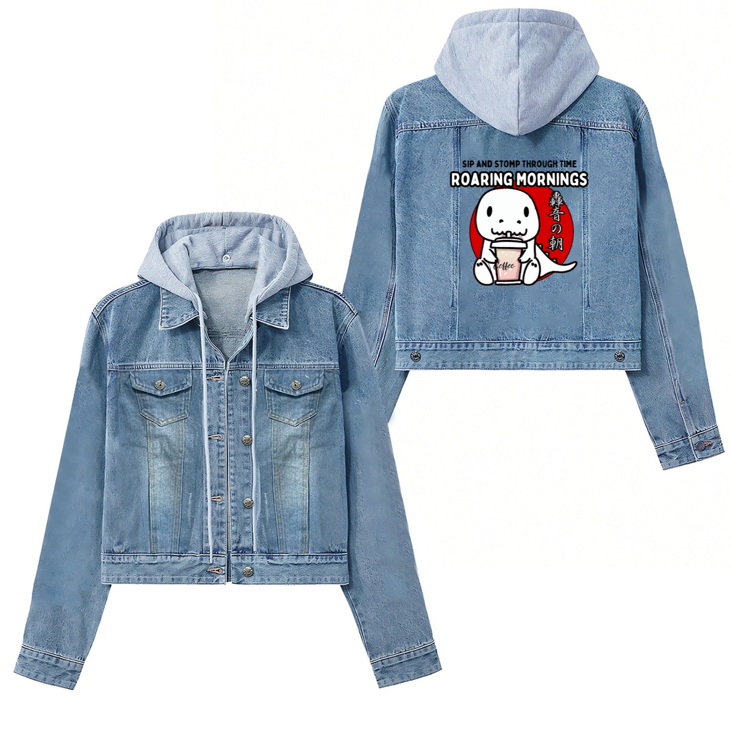 Caffeinated dinosaurs Women's Denim Jackets