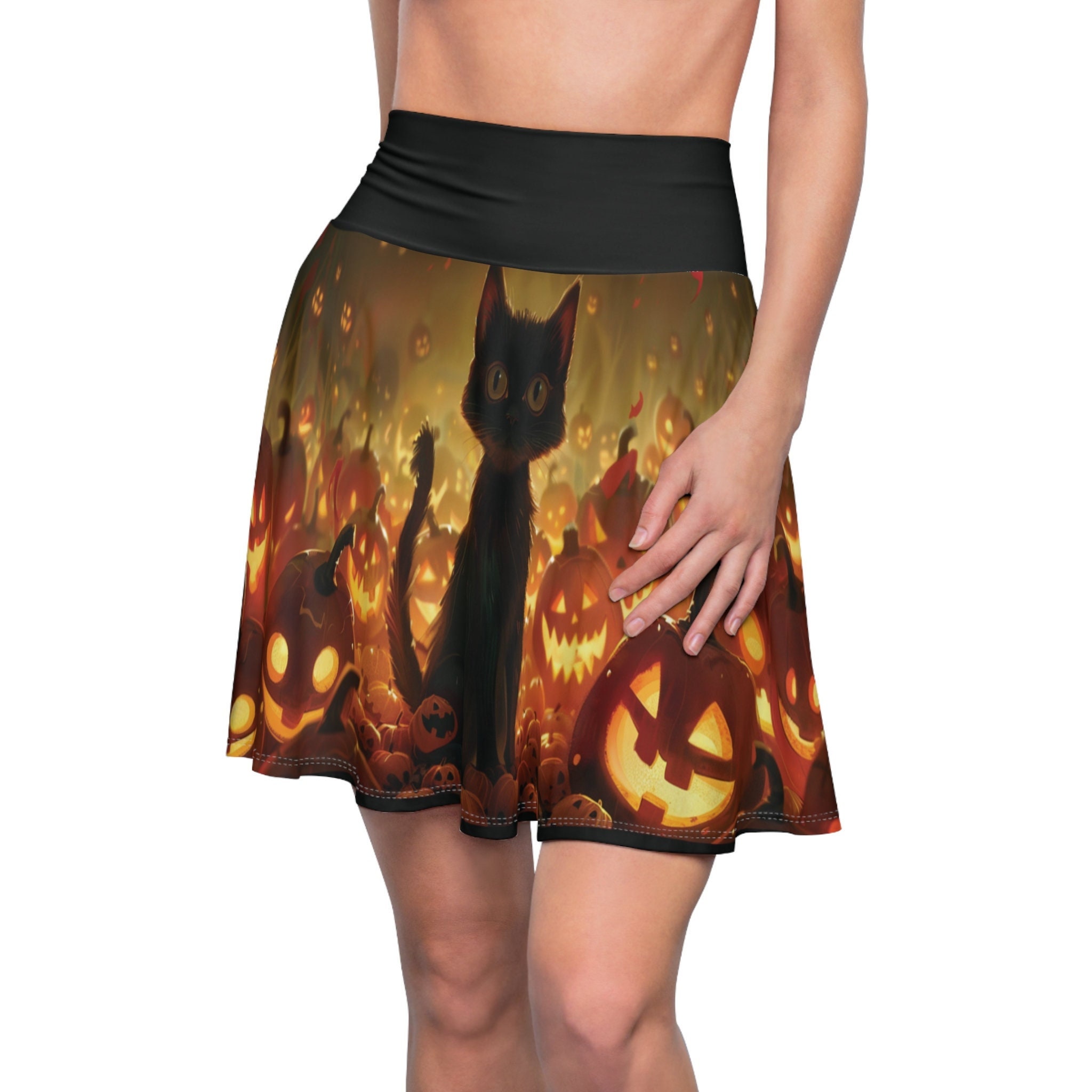 Black Cat and Jack-o'-lanterns Skater Skirt – Halloween Theme, Perfect for Fall Dressing