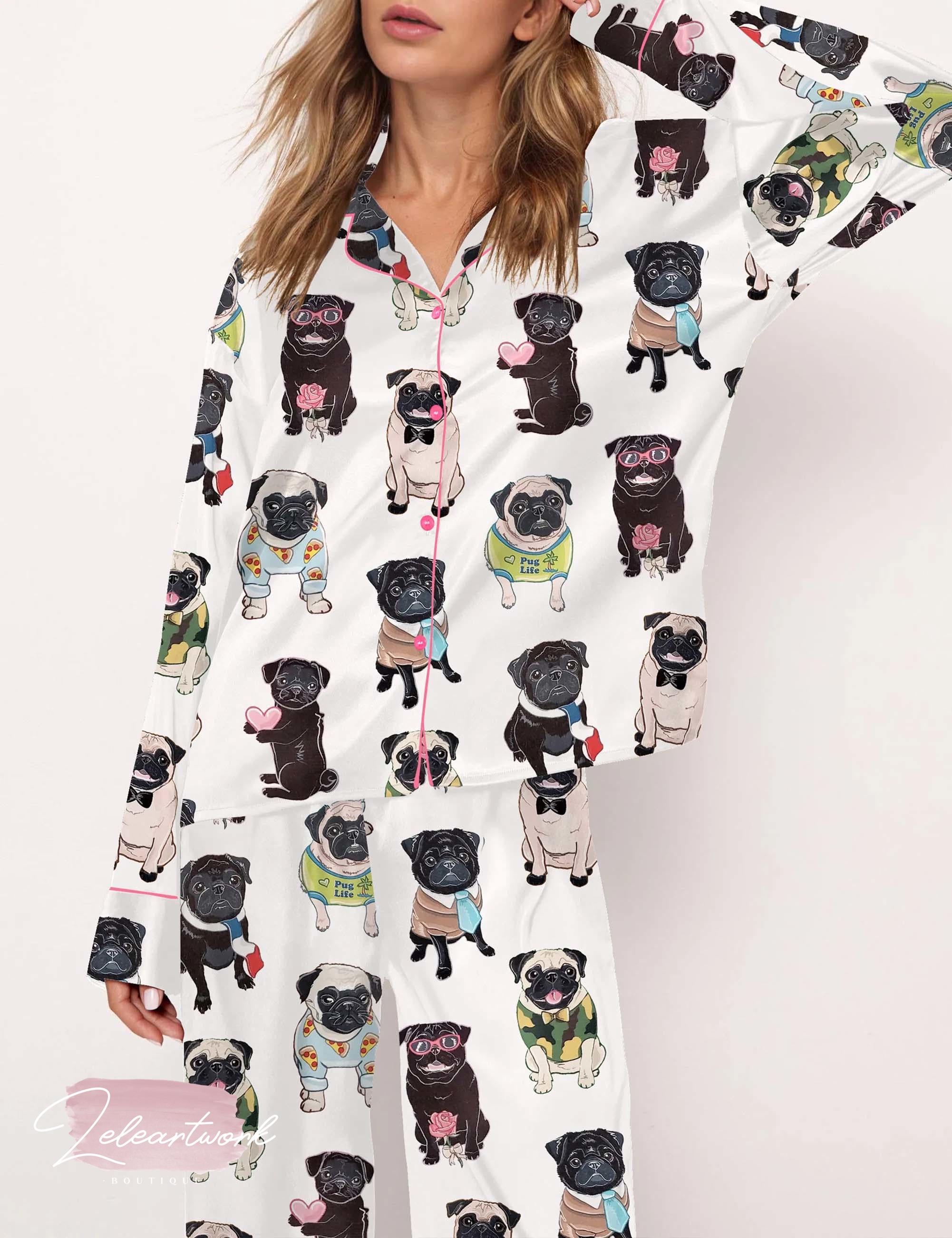 Cute Pug Silky Pajama Set For Women | Funny Dog Print Sleepwear | Lightweight Button-Up PJs | Pug Lover Gift | Soft Summer Loungewear