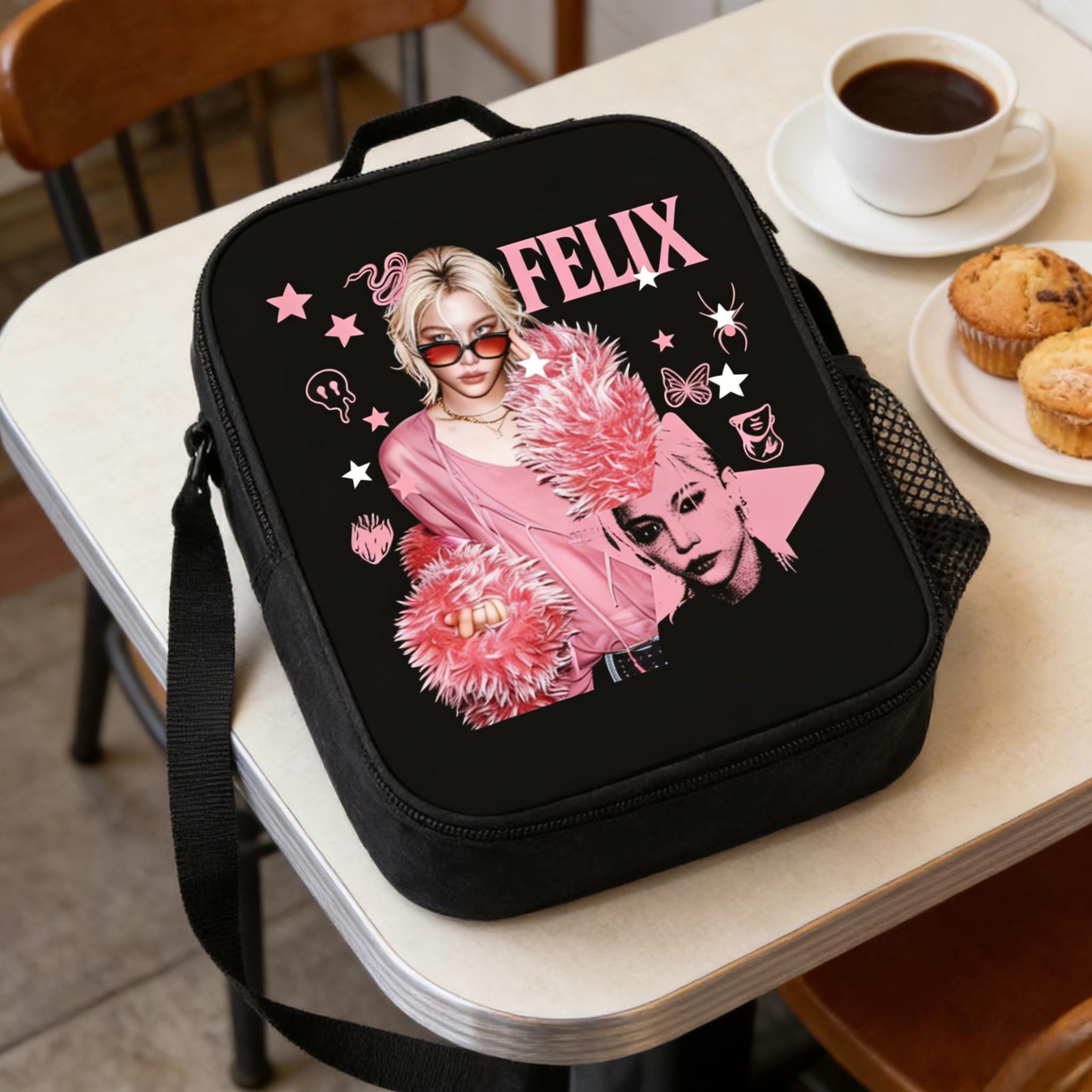 Stray Kids Felix Insulated Lunch Bag, Kpop Idol Pink Fur Tote, STAY Fan Gift