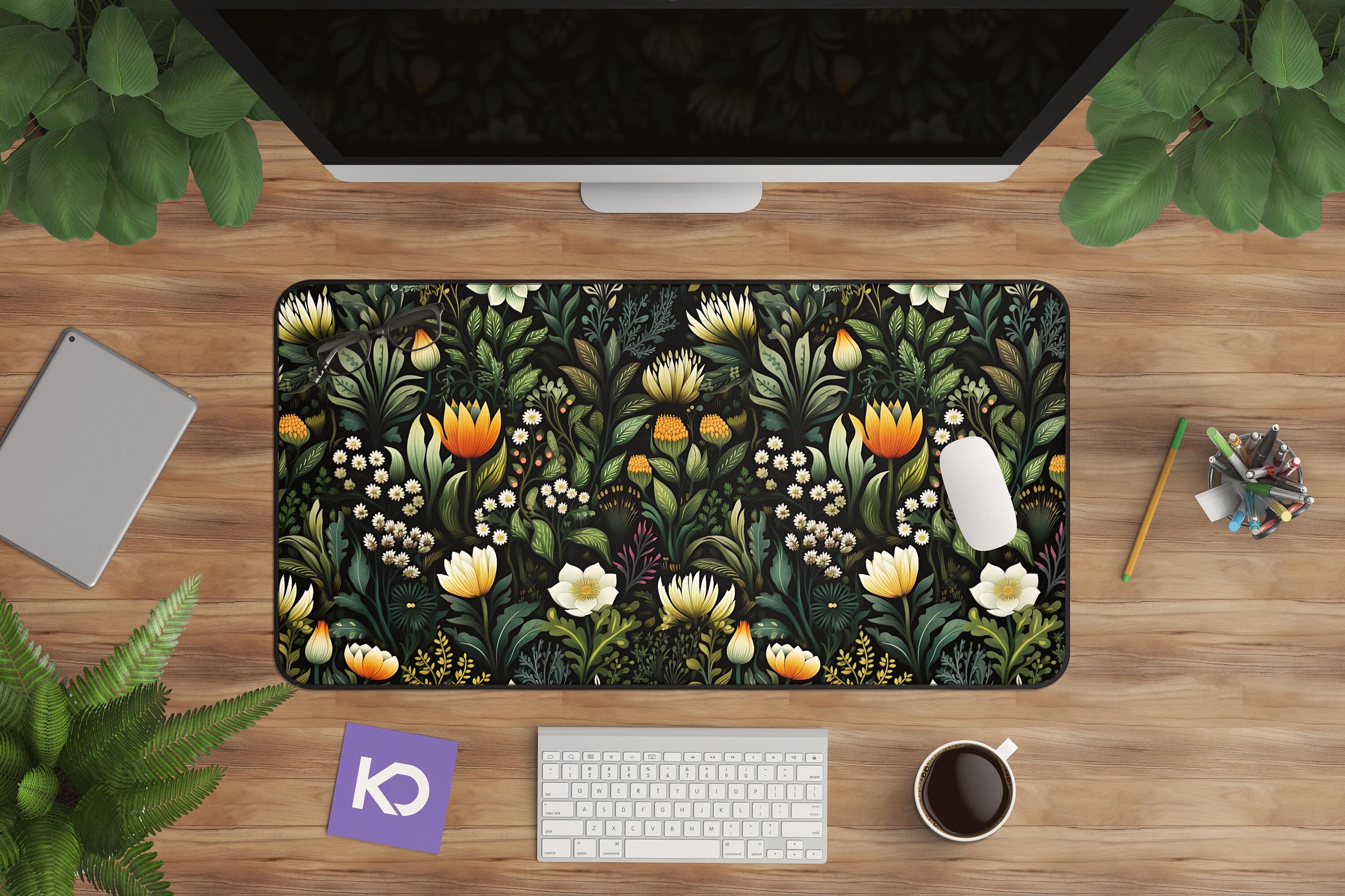 Floral Desk Mat - Botanical Green Leaf Vine Mousepad