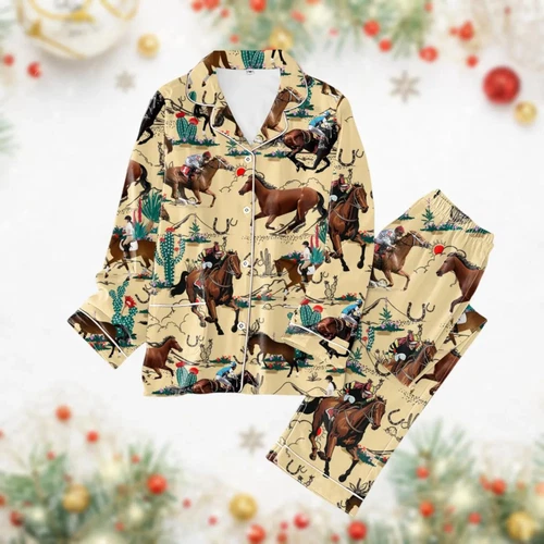Christmas Horse Pajamas Set, Luxury Silk Pajamas Soft Sleepwear For Women