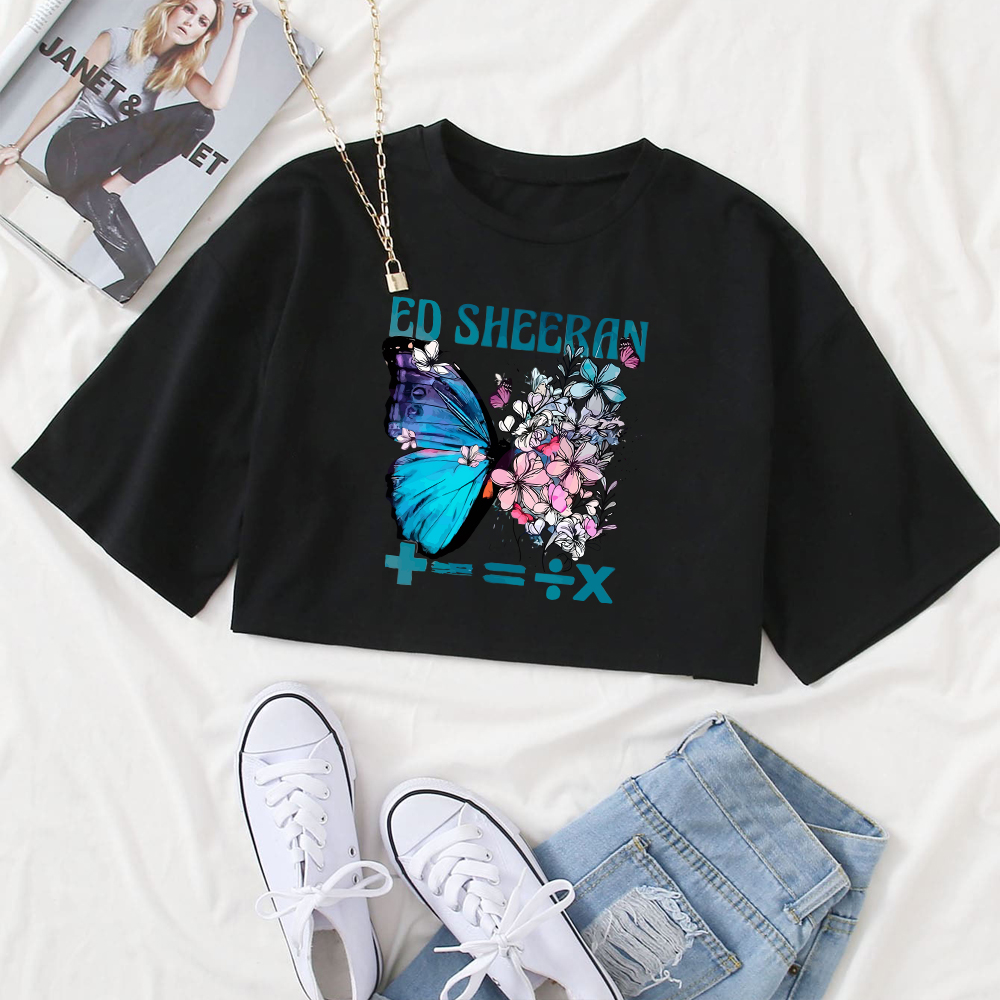 Ed Shee Mathematics Tour 2024 Butterfly Girls O-Neck Casual Women Crop Shirts for Fan Gift Tops