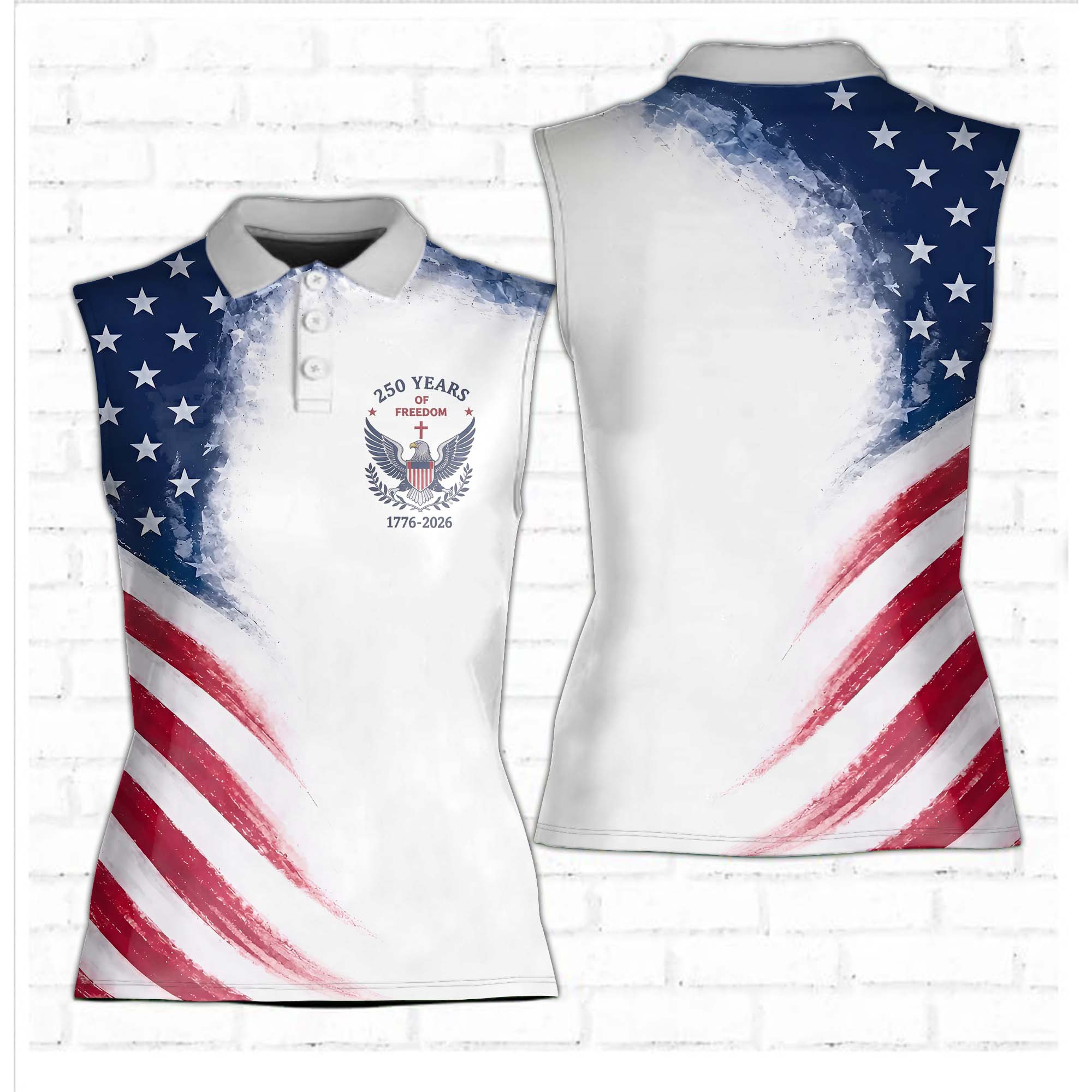 Womens USA 250th Anniversary Golf Polo Shirt, Patriotic American Flag Sleeveless Polo, 1776-2026 Freedom Shirt Gift For Her