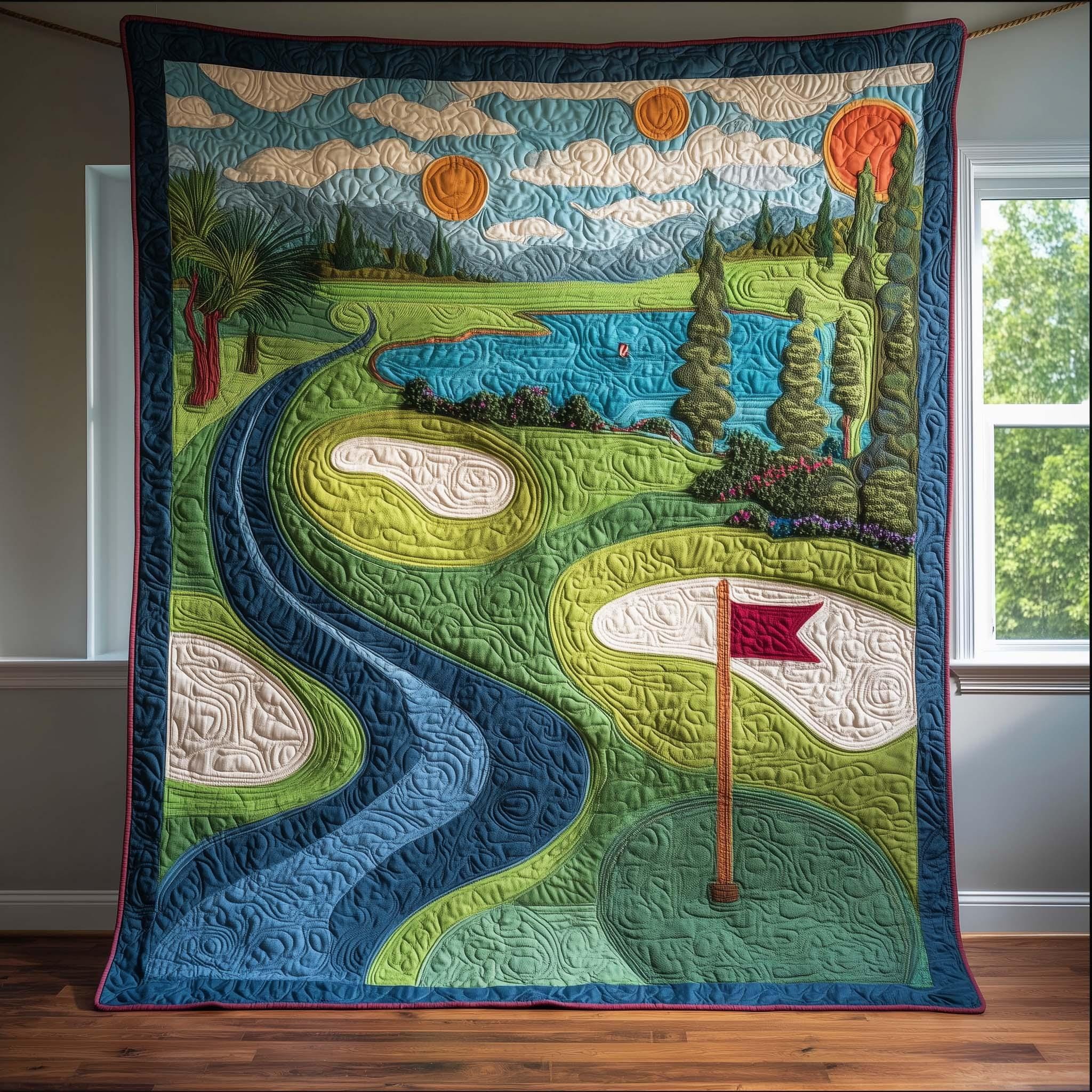 Golf Course Landscape Quilt Blanket, Scenic Fairway, Golf Art Home Decor, Green Hills Golf Pattern
