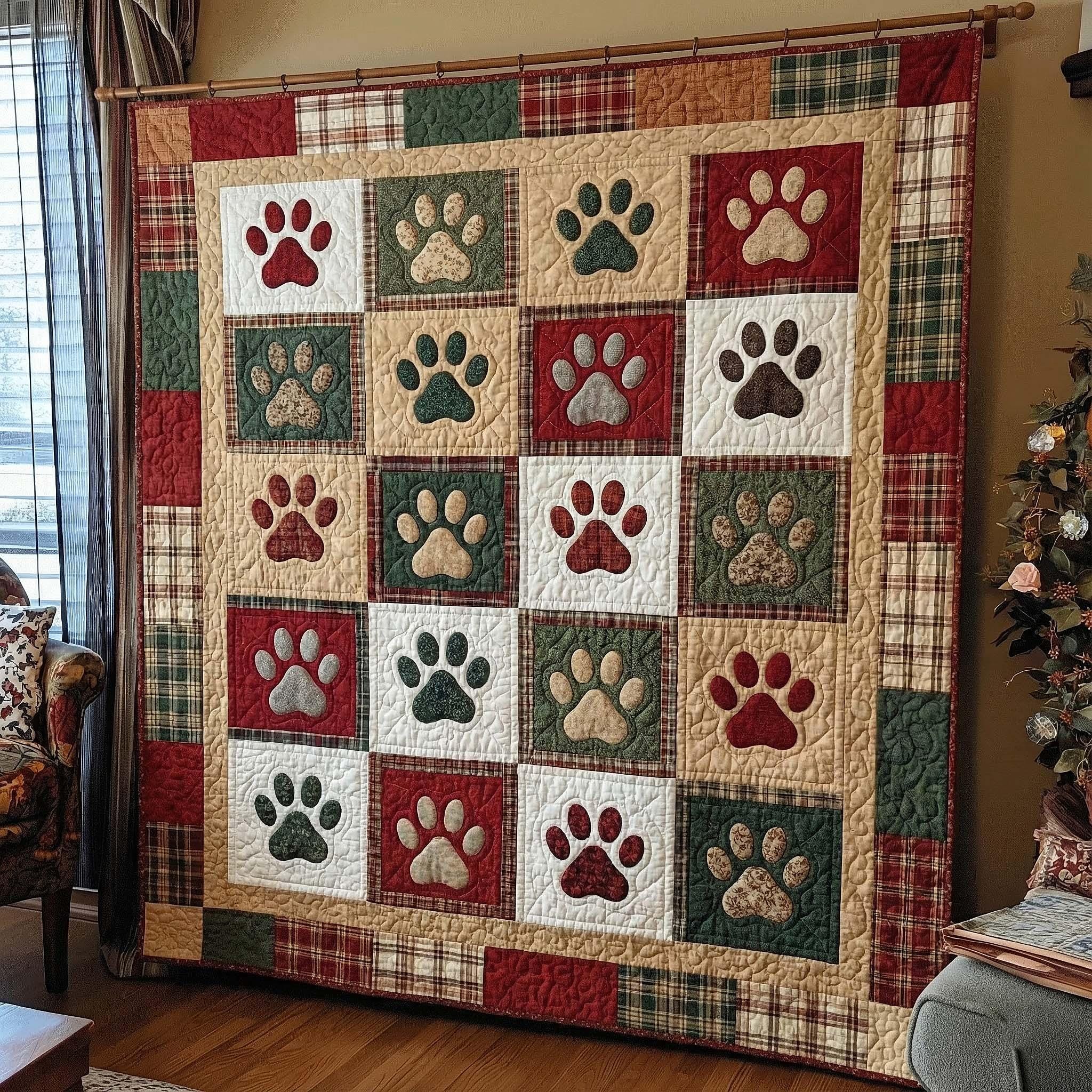 Dog Paw Patchwork Quilt Blanket for Pets, Rustic Farmhouse Animal Print Throw, Country Style Sofa Decor
