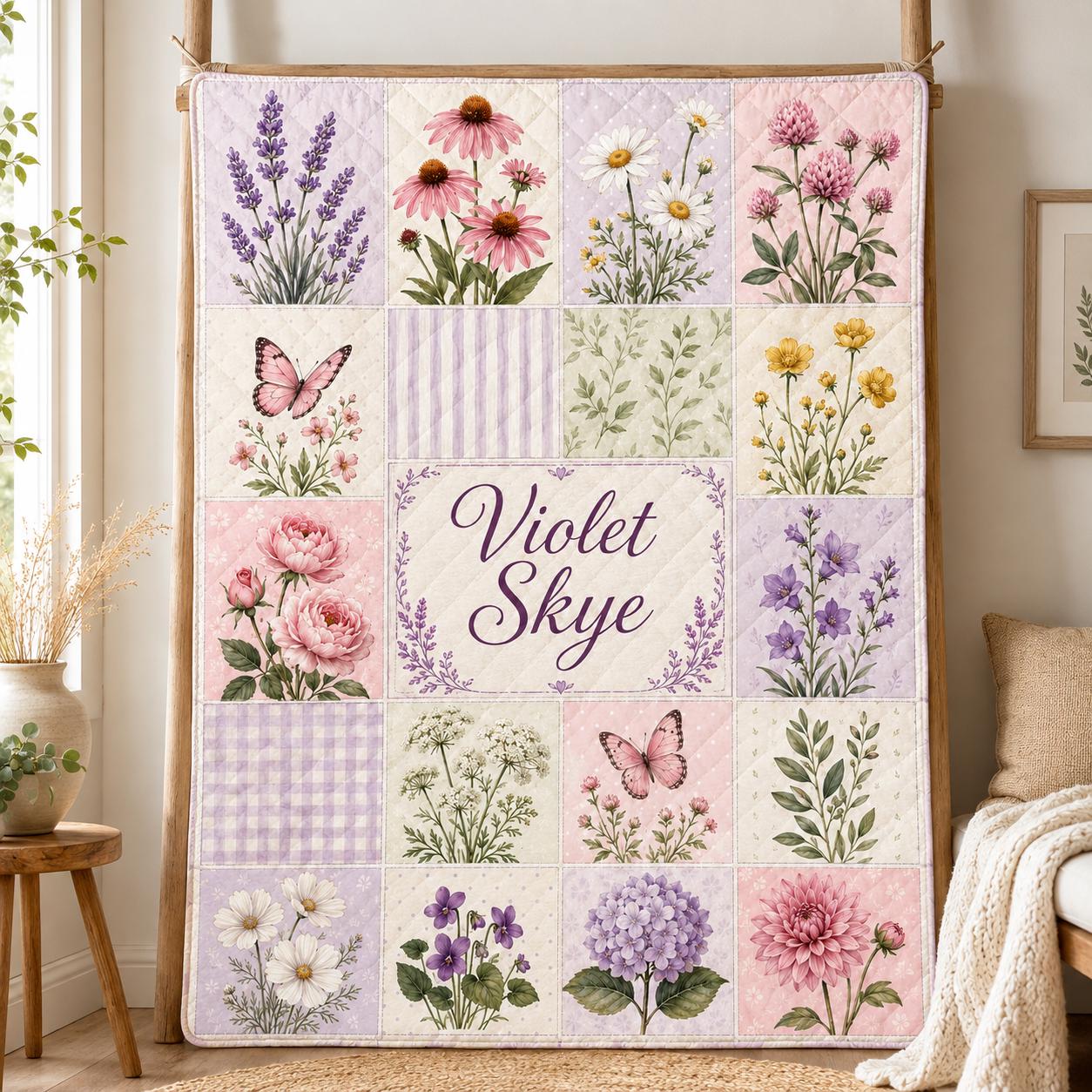 Personalized Floral Quilt, Custom Name Butterfly Garden Nursery Quilt for Girls