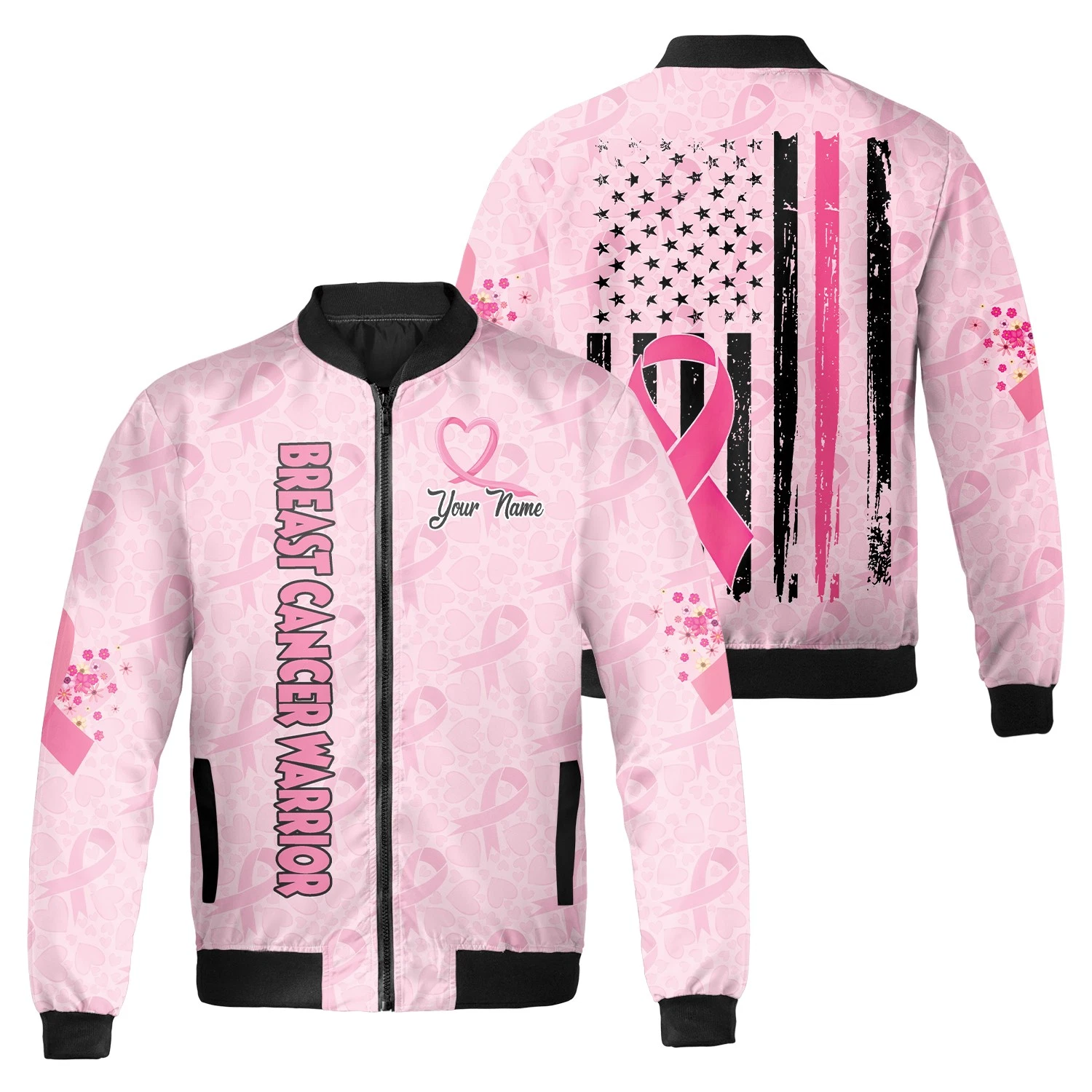 Personalized USA Flag Pink Ribbon Breast Cancer Warrior Bomber Jacket