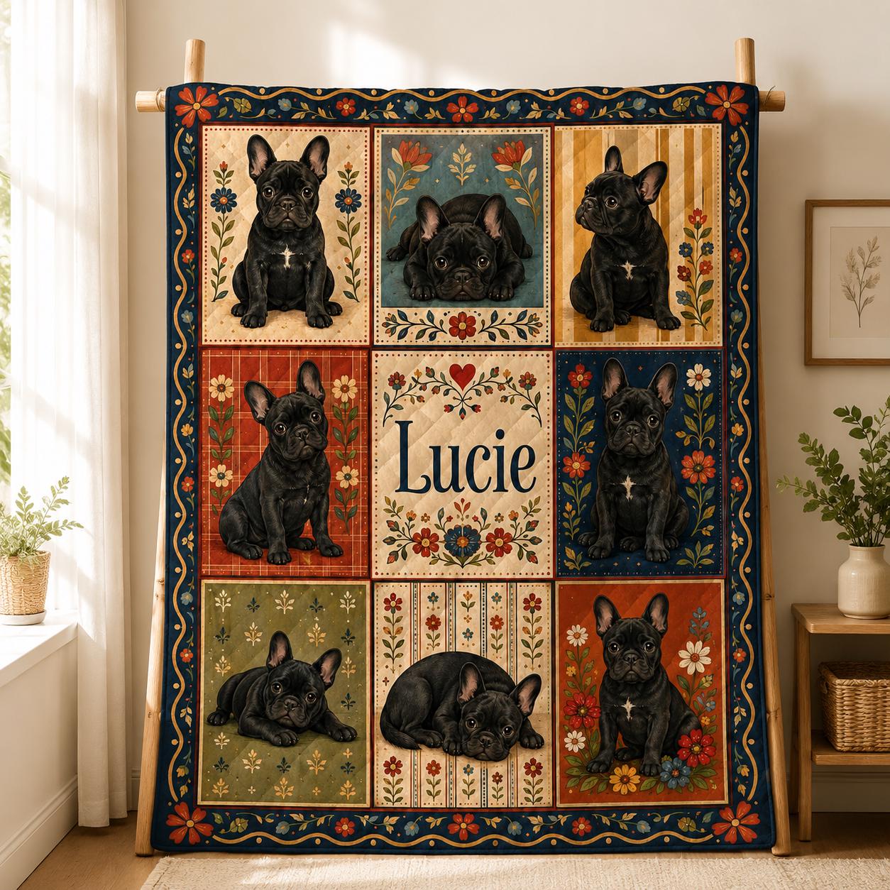 Personalized French Bulldog Quilt Blanket, Custom Name Frenchie Throw, Floral Dog Patchwork Quilt, Gift for French Bulldog Lover