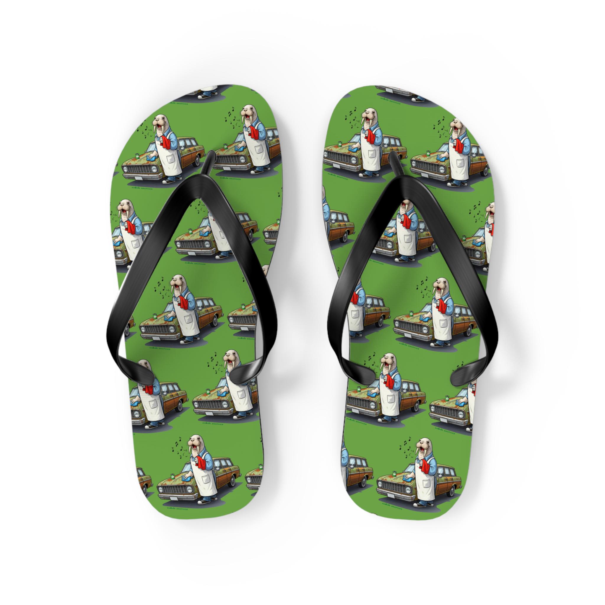 Whistling Walrus Flip Flops, Fun Summer Footwear, Beach Ready Sandals, Tropical Vibes, Animal Themed Slippers