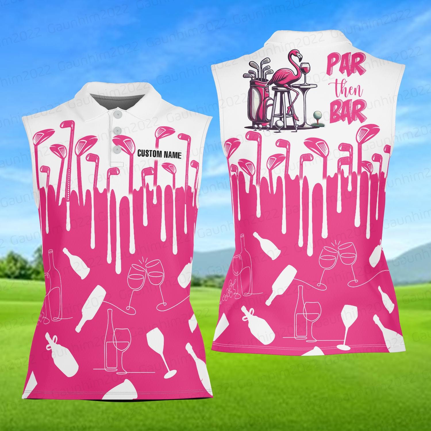 Personalized Pink Flamingo Golf Polo Shirt, Custom Name Golfer Polo Shirt, Matching Golf Team Shirt, Golf And Wine Polo Shirt For Golf Lover