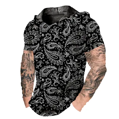 Men T Shirts Hoodie Pullover Hooded Paisley Black Short Sleeve Silky LightWeight