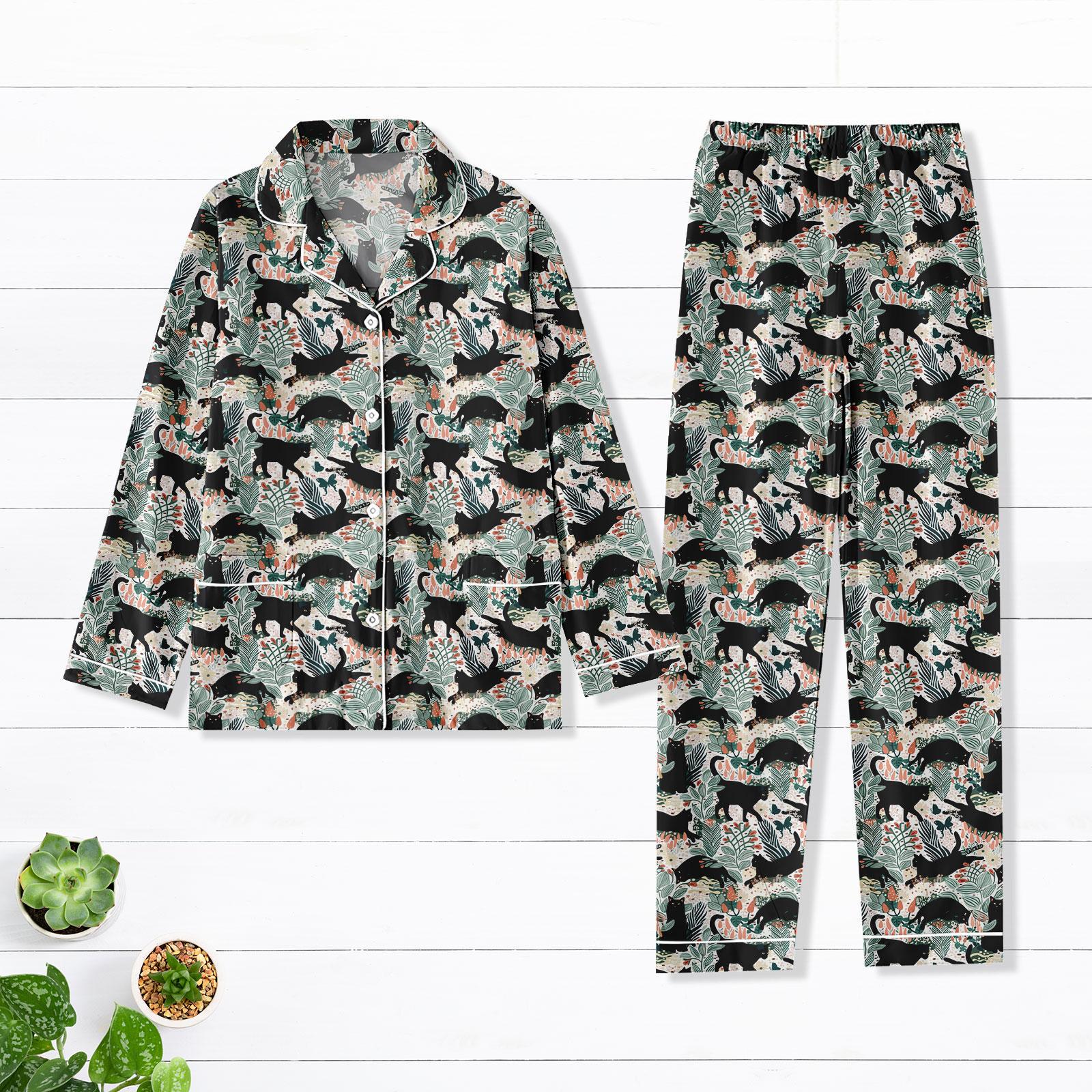 Black Cat Pajamas Set, Floral Cat Women Pajamas, Cat Holiday Pajamas, Cat Mom Gift