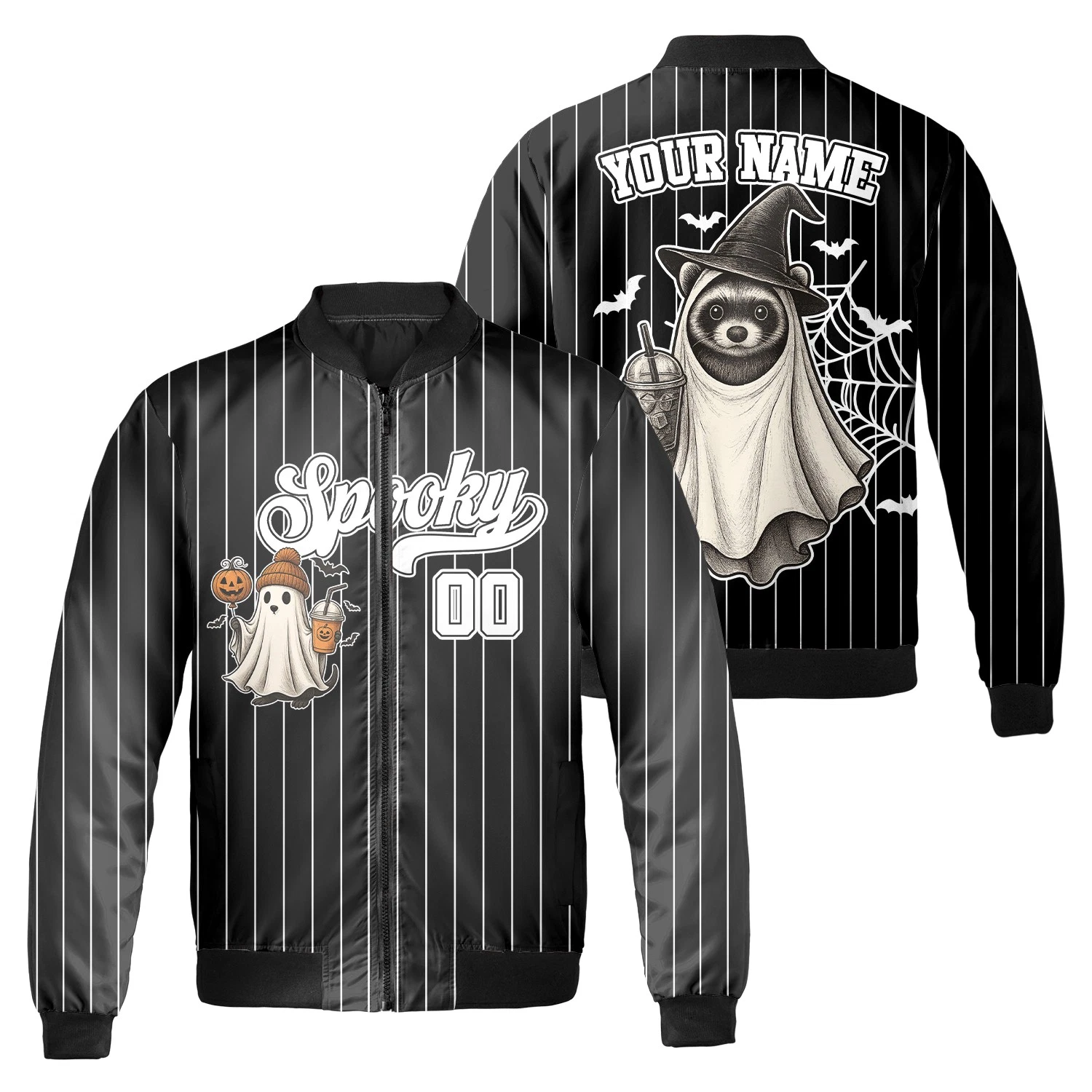 Personalized Cute Ghost Raccoon Drink Happy Halloween Bomber Jacket