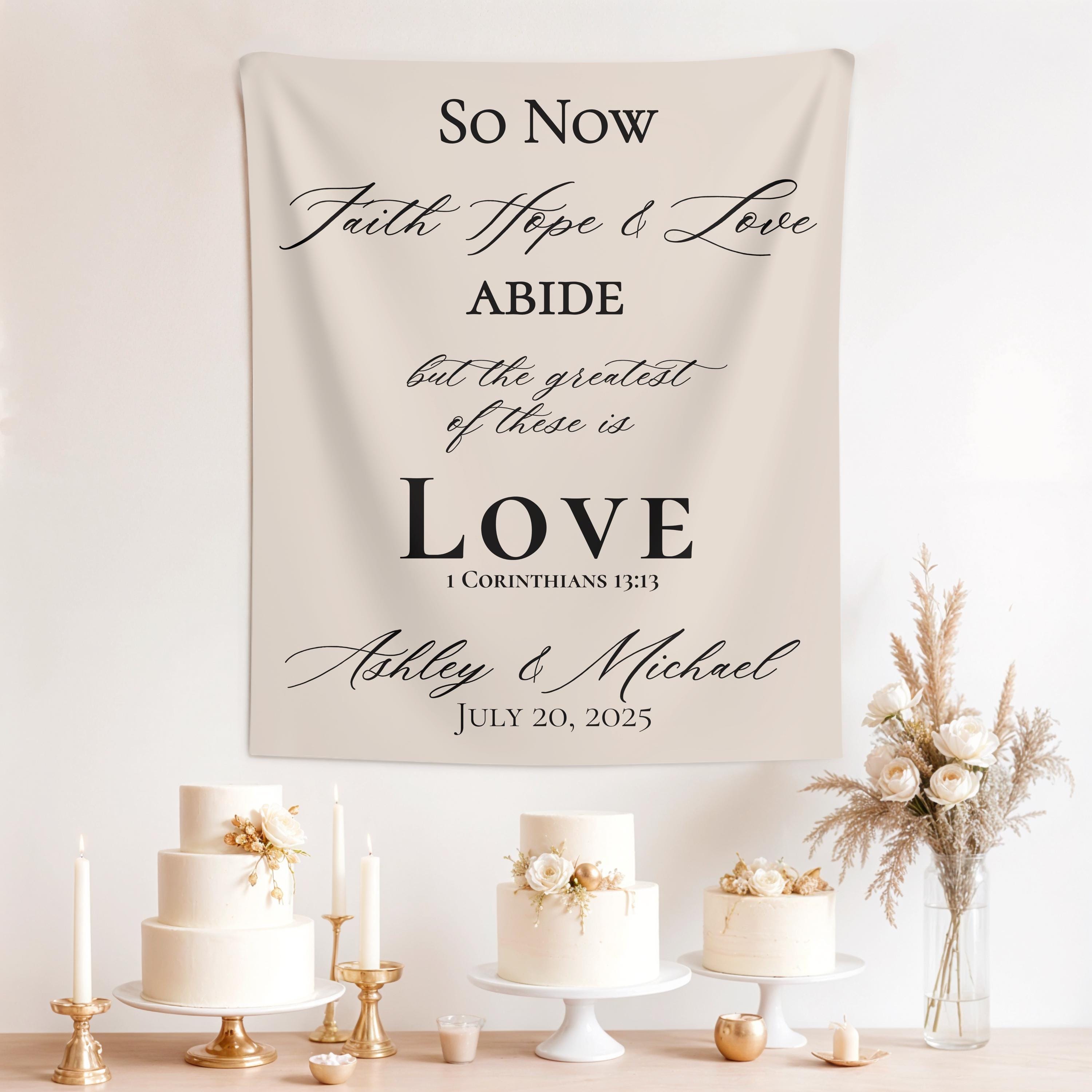 Personalized Wedding Tapestry, 1 Corinthians 13:13 Scripture Reception Decor, Photo Backdrop, Bridal Shower Gift