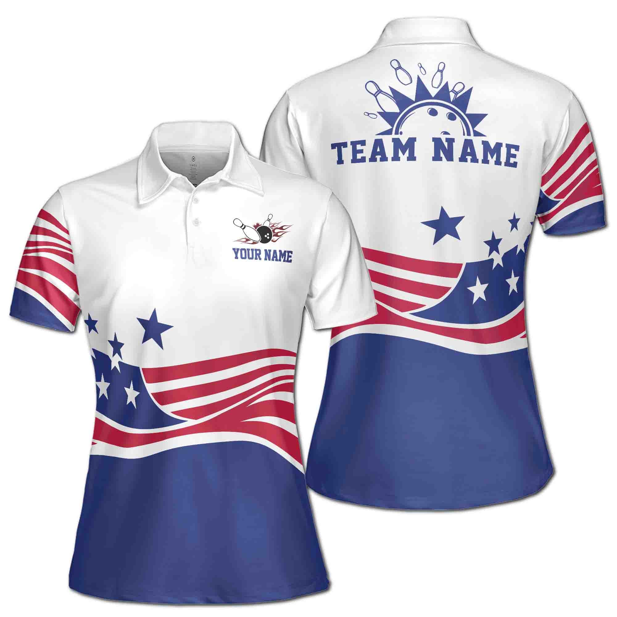 Customized Patriotic America Flag Bowling Lover Women's Polo Shirt