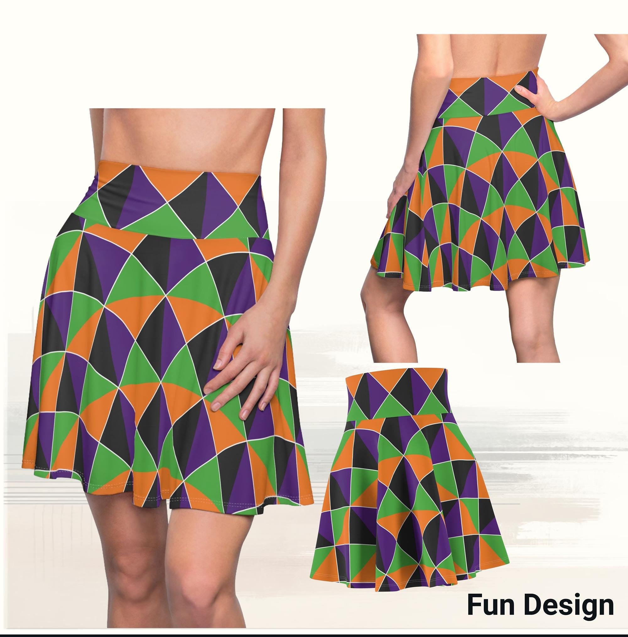 Halloween Diamonds Teacher Skater Skirt - Groovy Purple Orange Green Black Trendy Skirt - Kindergarten Elementary School Teen Skater Skirt