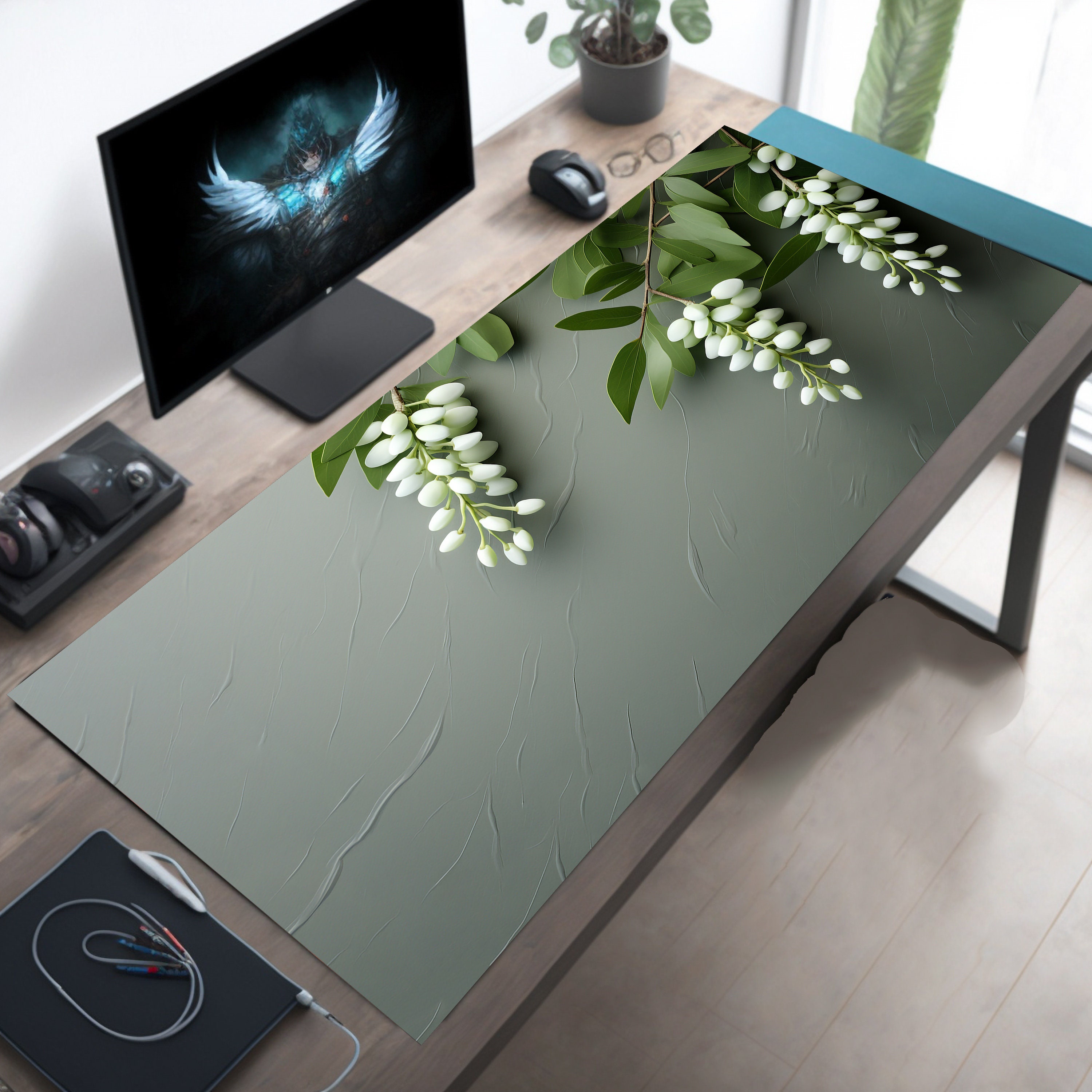 Green Wisteria Desk Mat, Aesthetic Office Accessory, Extra Large Mouse Pad