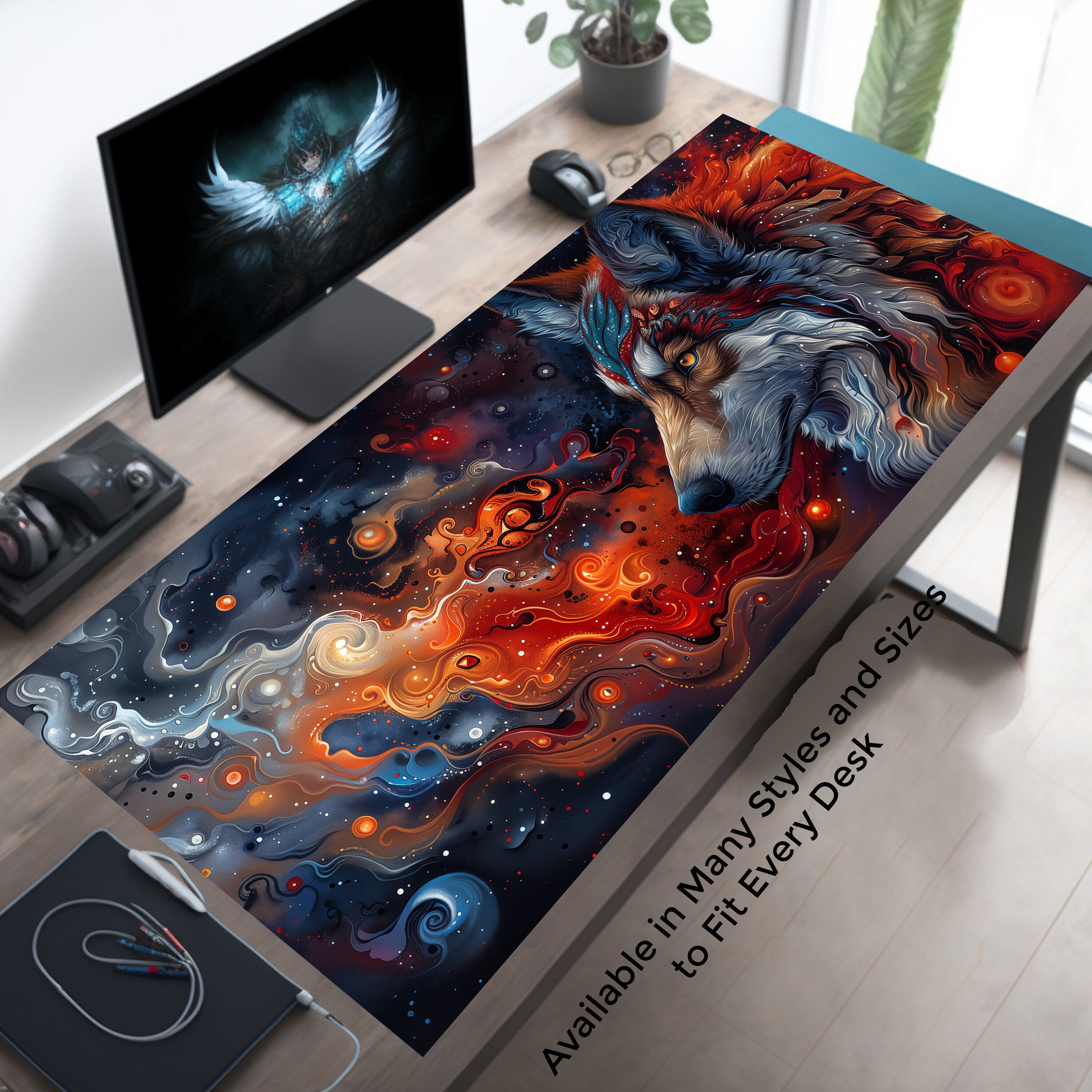 Native American Spirit Animal Wolf Desk Mat, Gaming & Decor Accessory