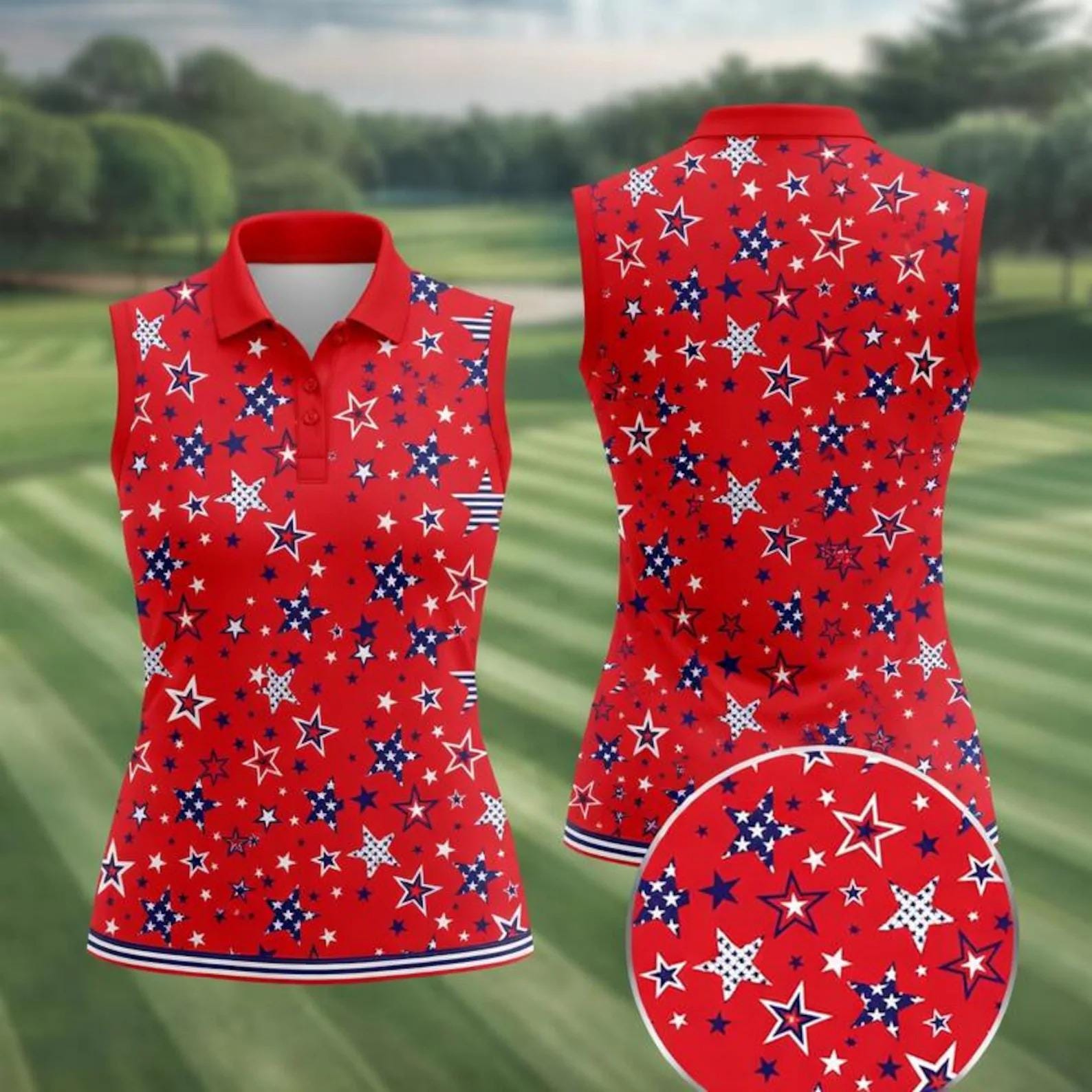 USA Star Print Women's Sleeveless Polo, Patriotic Stars Stripes Golf Shirt, 4th of July Celebration Top, America 250 Semiquincentennial Polo