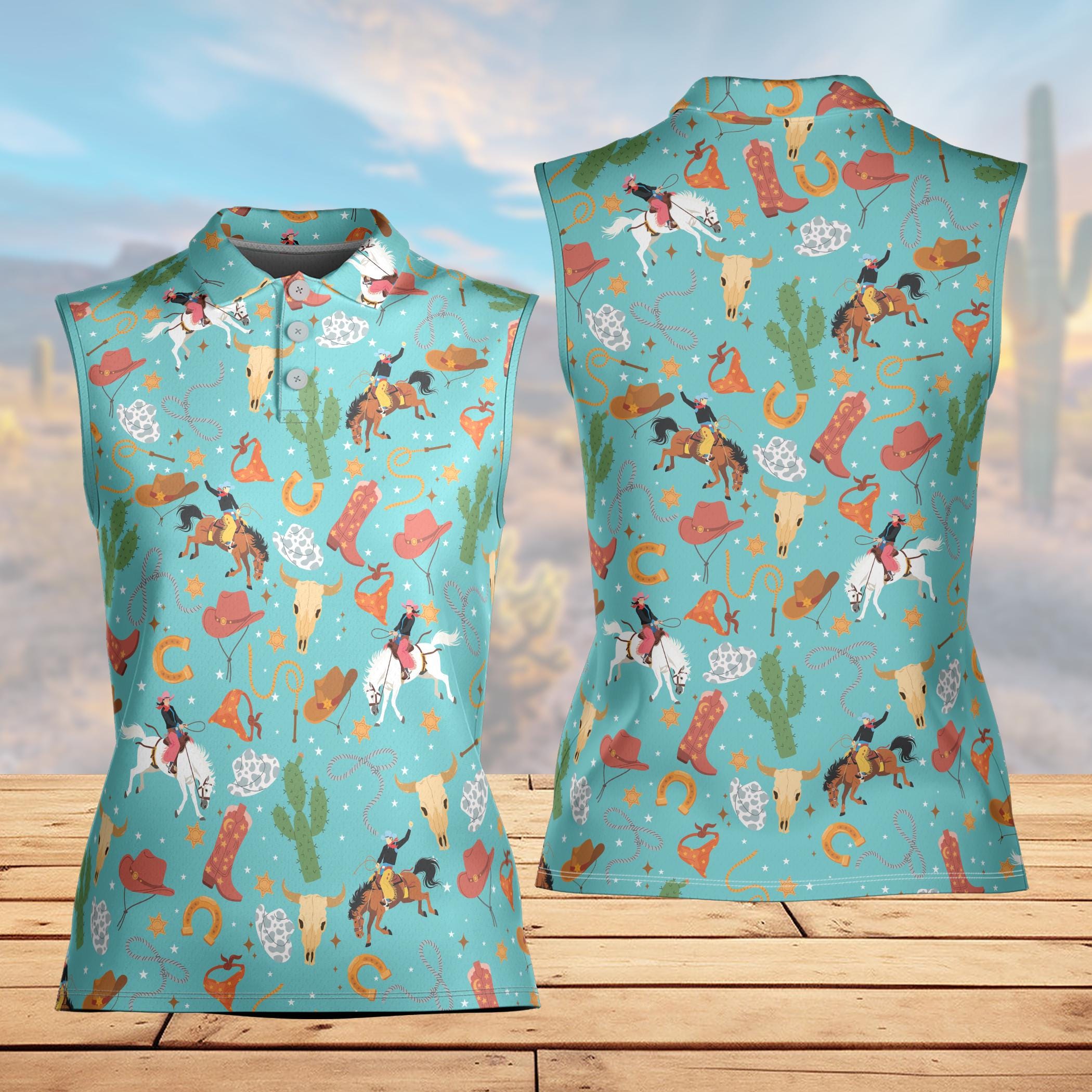 Cowgirl Western Polo Shirt, Western Desert Cow Skull Cactus Polo, Retro Cowgirl Rodeo Polo