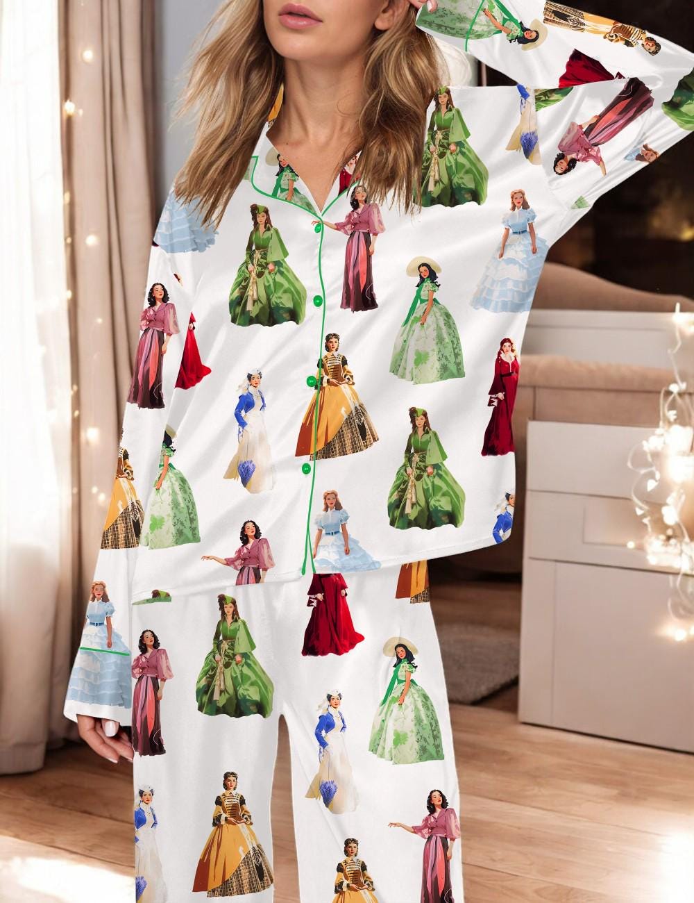 Scarlett Vintage Inspired Pajama Set, Elegant Sleepwear with Vintage Ball Gown Print