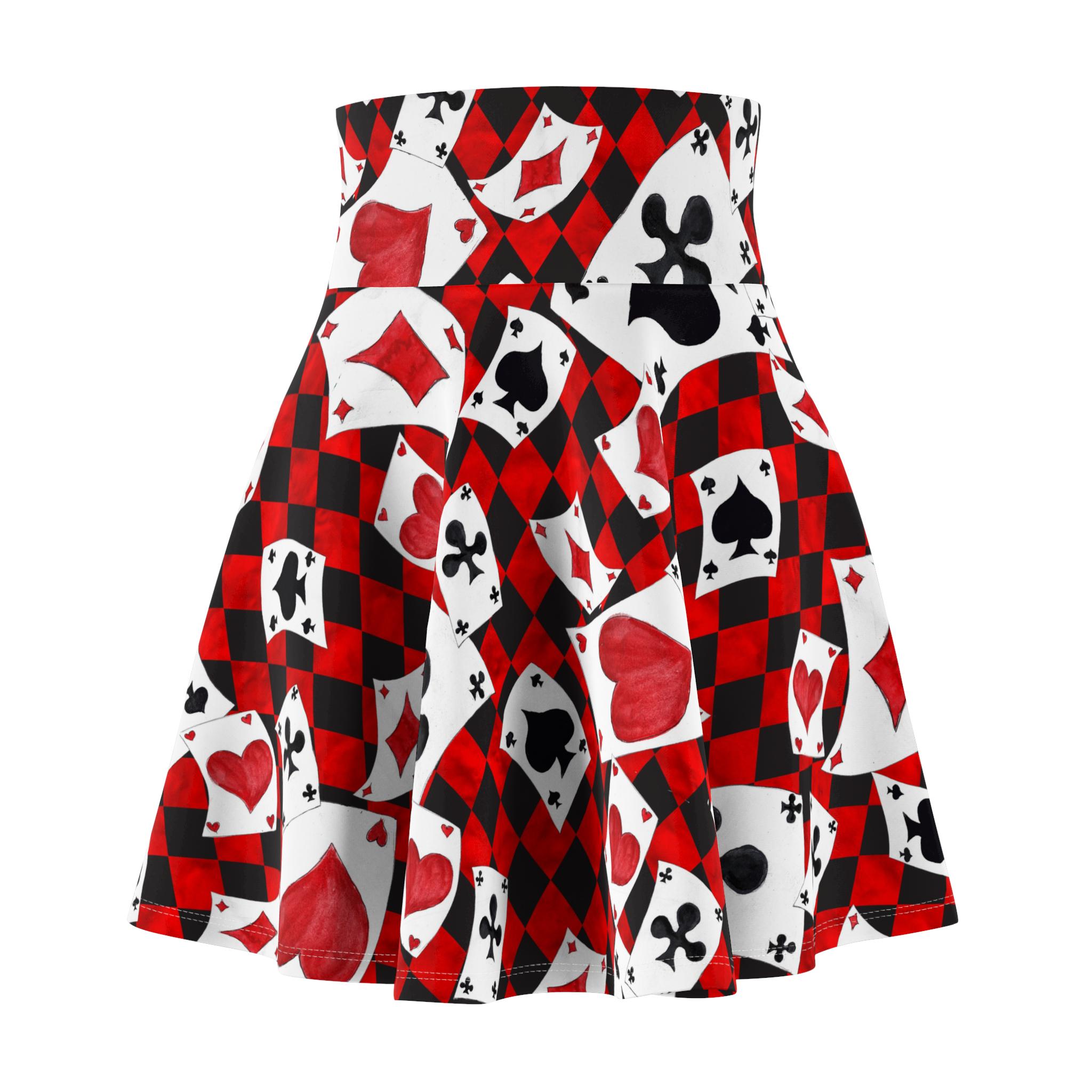 Queen of Cards Skater Skirt for Women - Halloween Costume, Theme Park Outfit, Comic Con Apparel, Playing Card Patterned Fashion