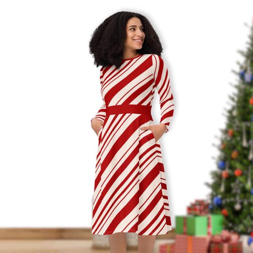 Candy Cane Long Sleeve Midi Dress with Pockets, Christmas Red and White Peppermint Swirl