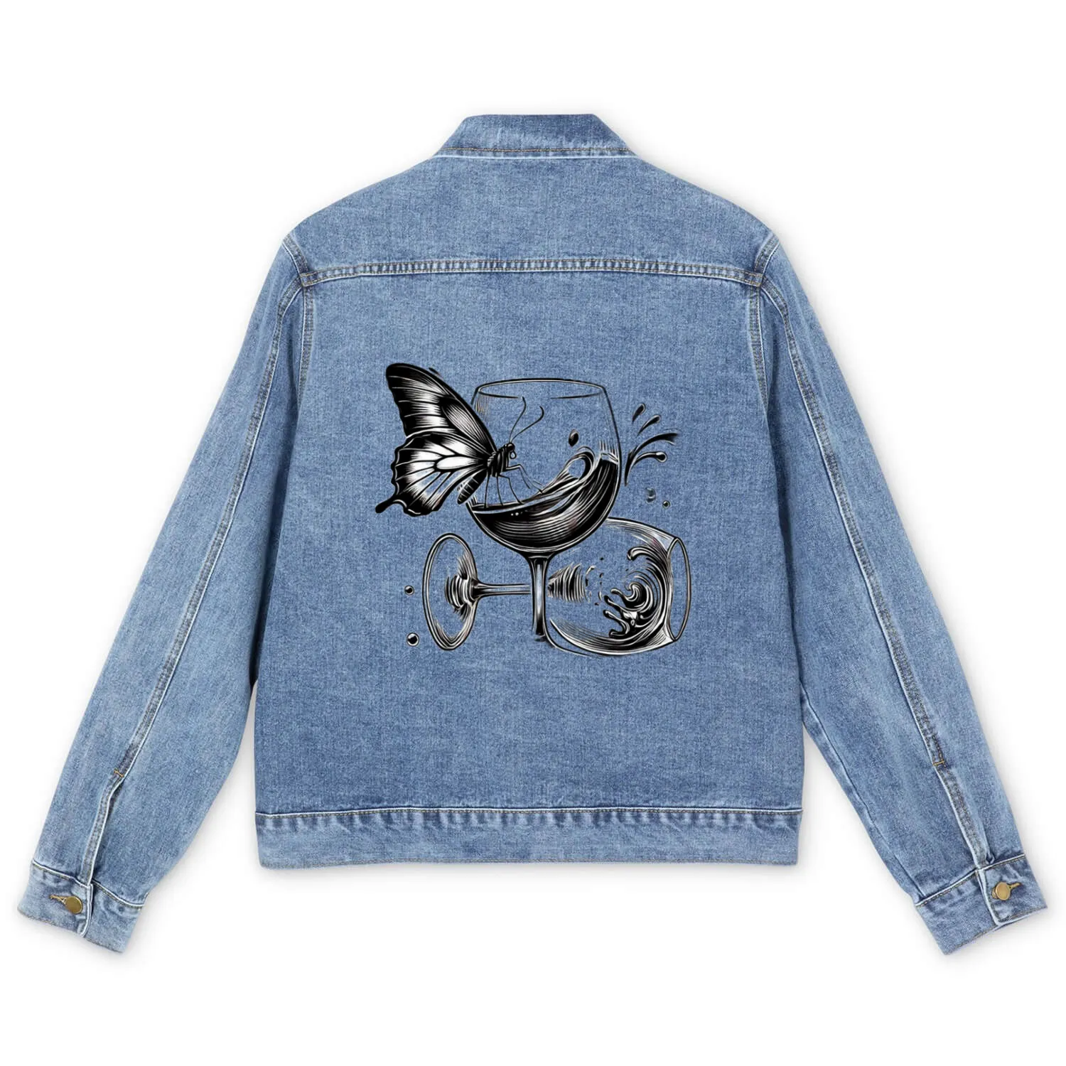 Butterfly and Wine Glasses in Motion Men's Denim Jackets