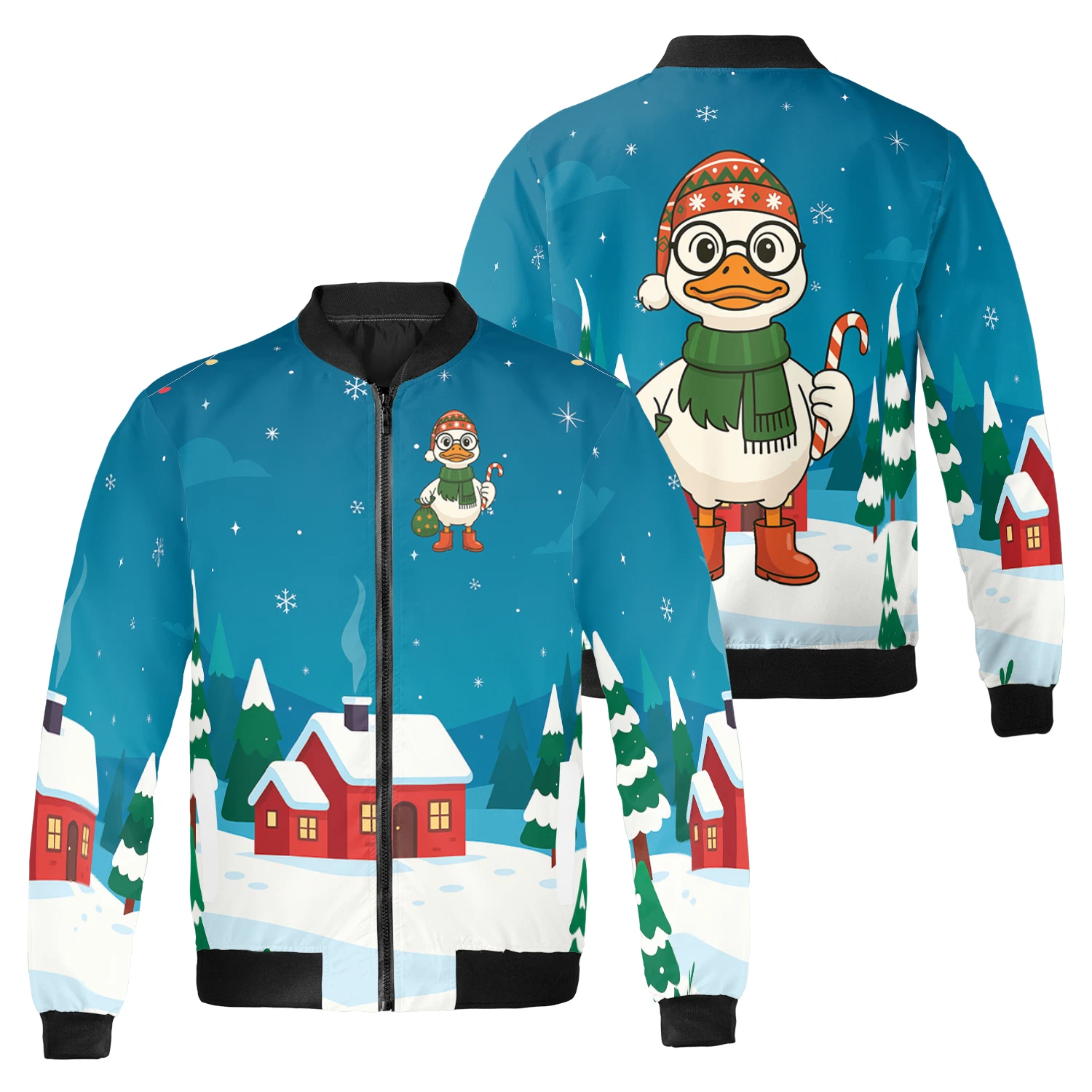 Cute Goose With Candy Cane And Santa Sack Christmas Winter Holiday Bomber Jacket