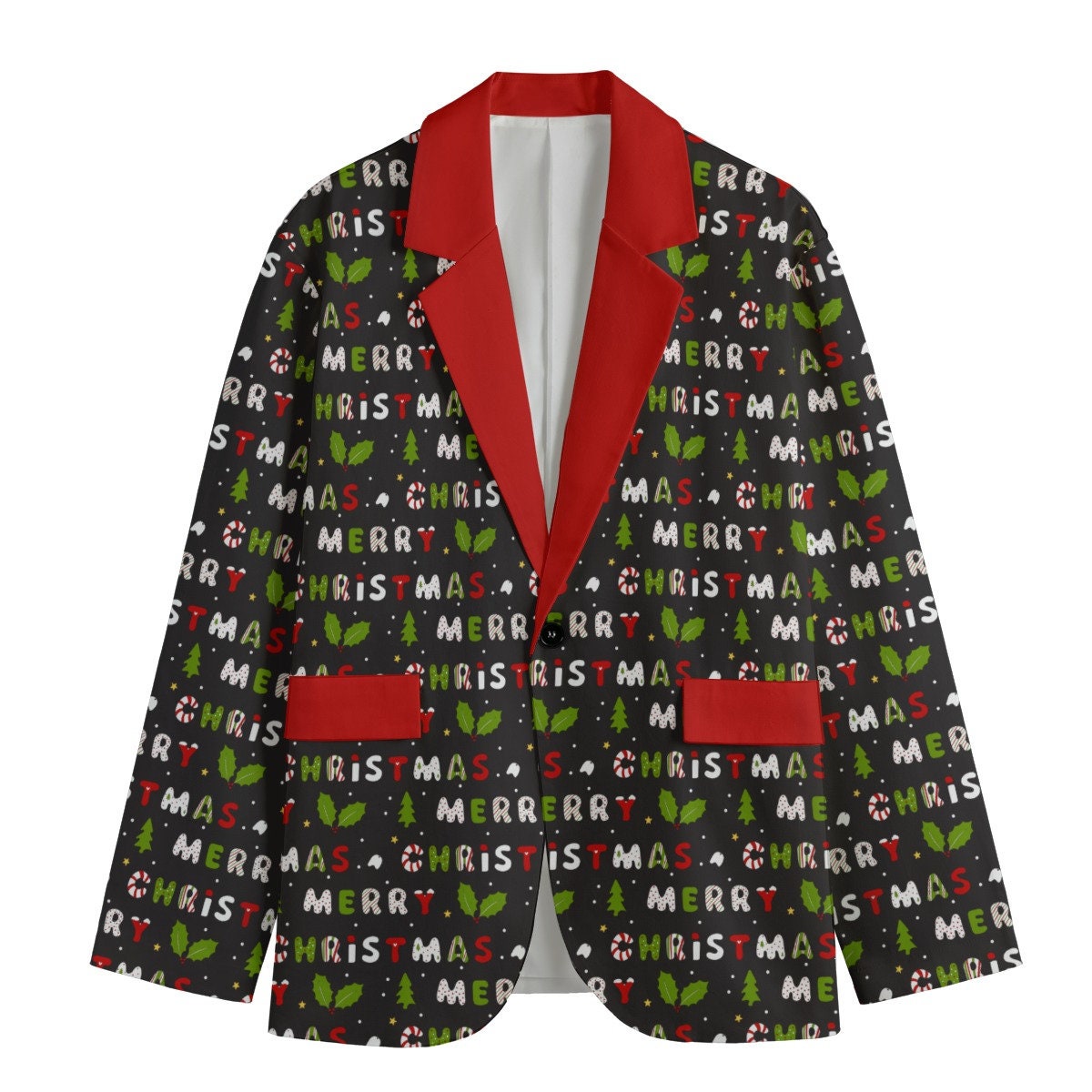 Black Merry Christmas Blazer/Sports Coat - Red Lapel