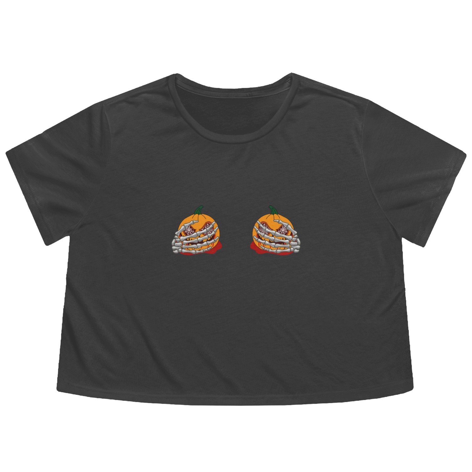 Halloween Pumpkin Boob Skeleton Hand Flowy Cropped Tees
