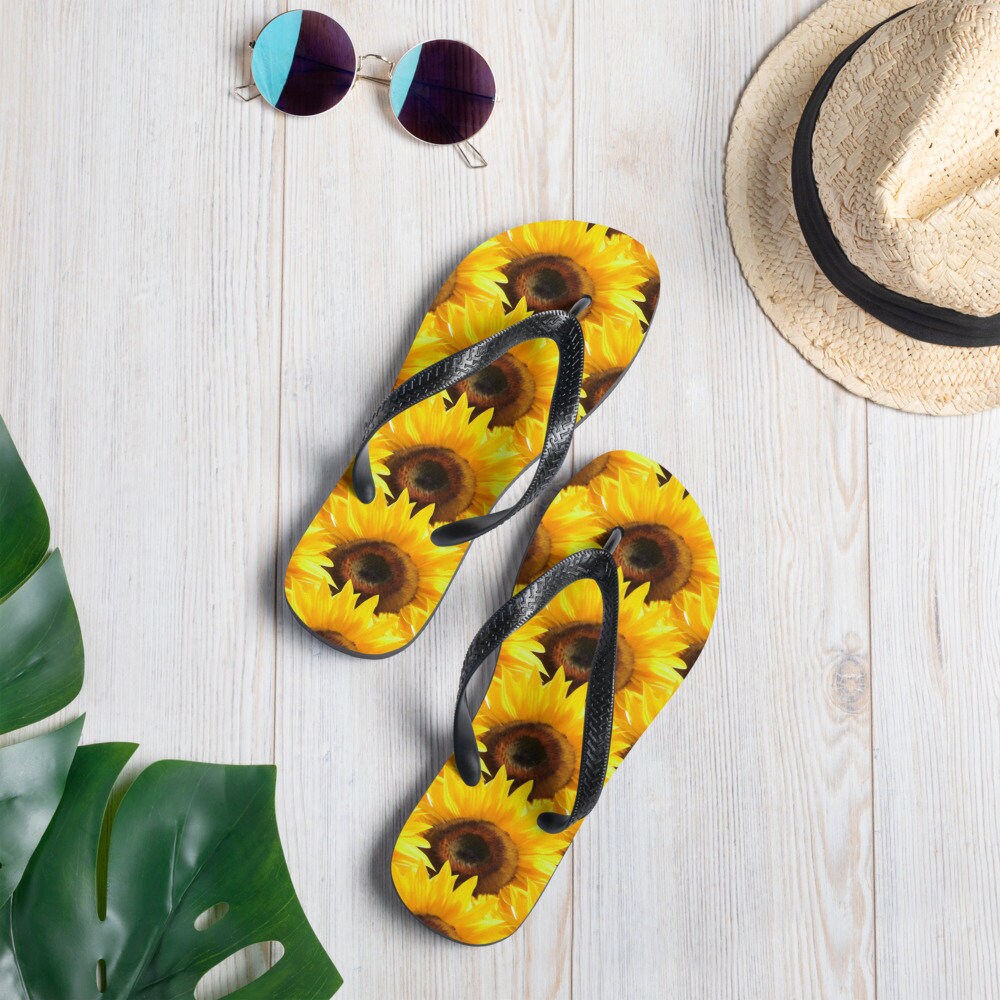 Sunflower Flip-Flops, cute gifts, fun sandals, beach wear, At the Beach, Unique Flip flops, Gift for her, Vacation Flip Flops