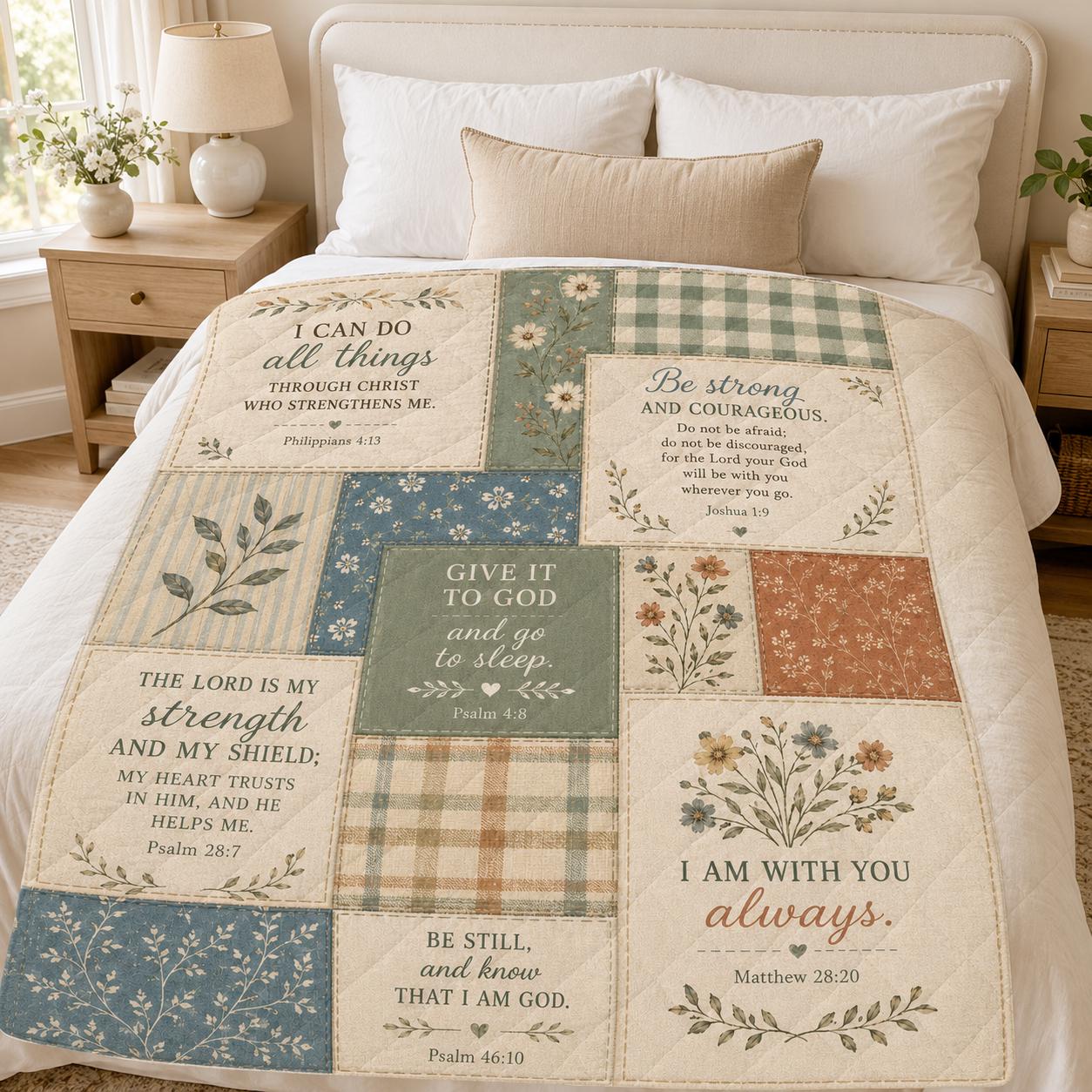 Bible Verse Quilt Blanket, Christian Scripture Throw, Philippians 4:13 Faith Gift, Floral Patchwork Religious Quilt, Christian Home Decor