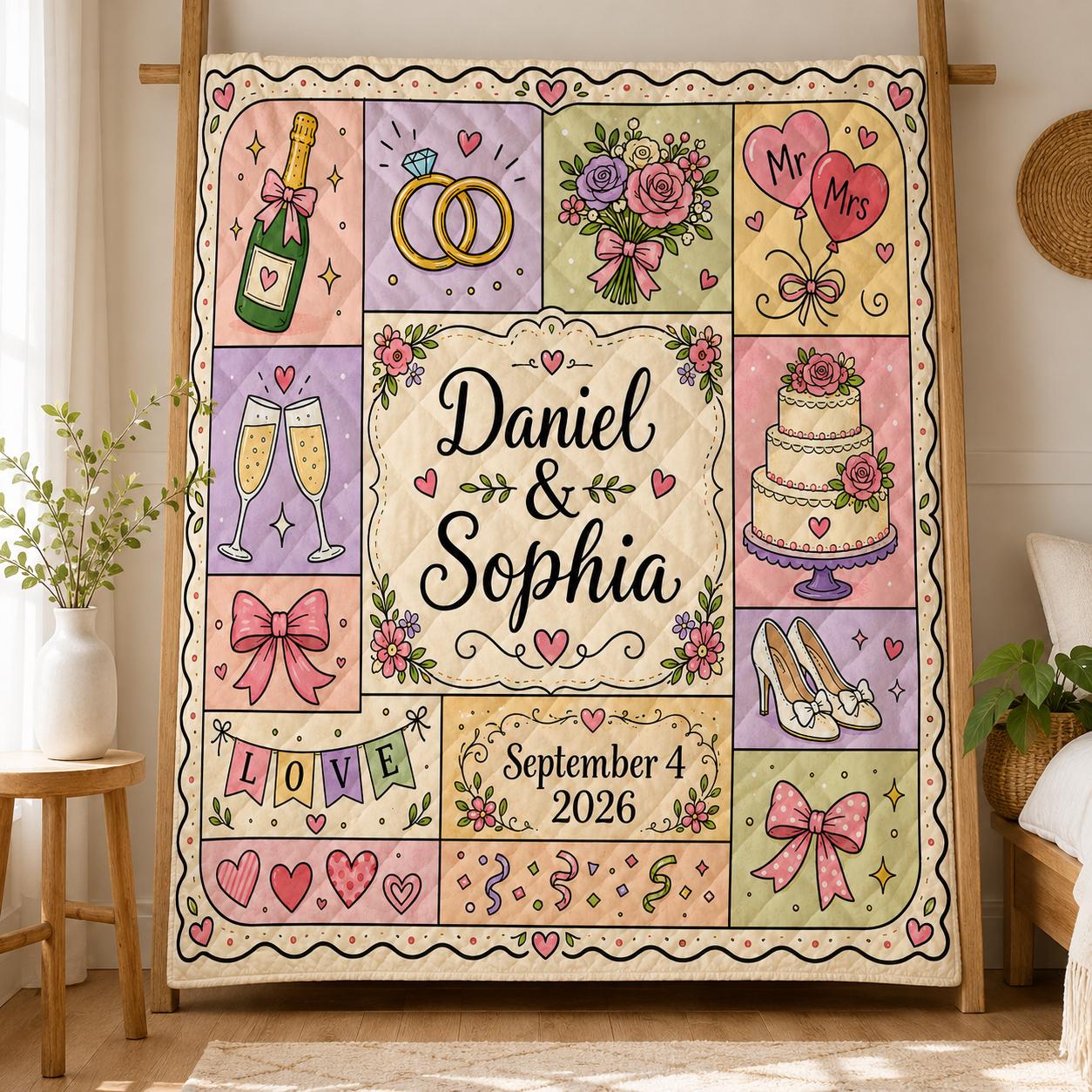 Personalized Wedding Quilt Blanket, Custom Couple Names and Date, Romantic Bridal Keepsake Quilt