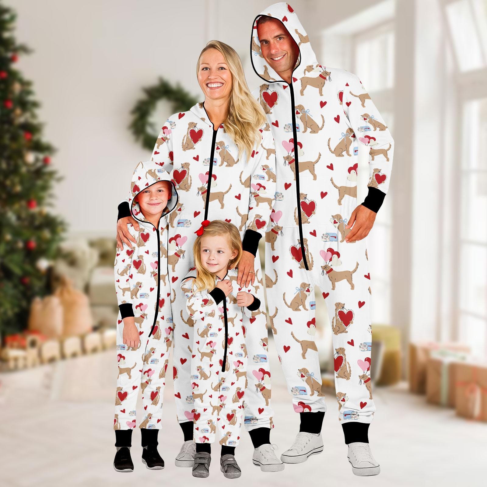 Cute Puppy Family Jumpsuit, Dog Art Onesie Pajamas, Heart Fleece Jumpsuit, Cartoon One-piece Pajama, Pajamas for Family, Birthday Gift