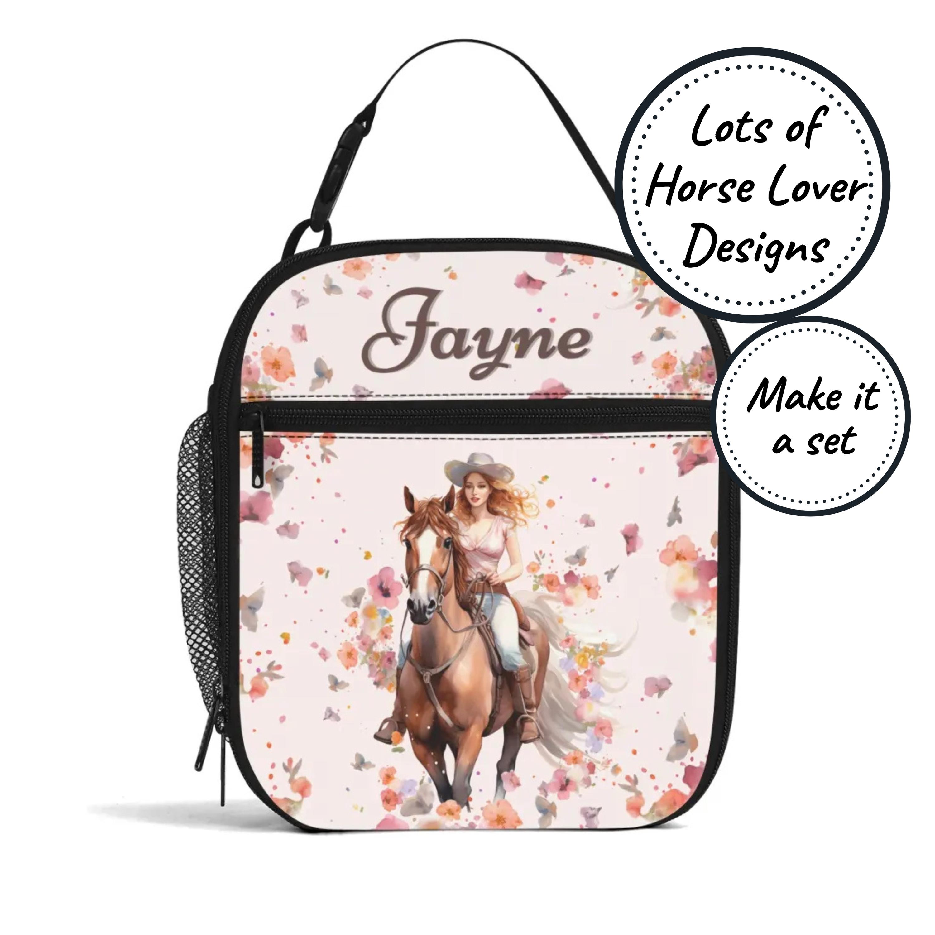 Custom Name Insulated Lunch Bag for Kids with Horse Design, Personalized Food Cooler Lunchbox