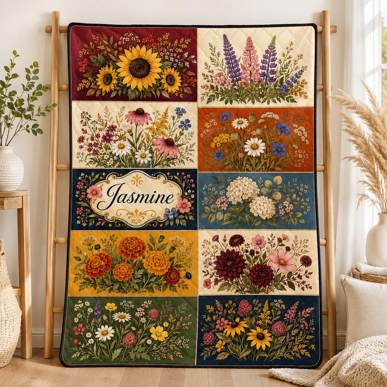 Personalized Wildflower Quilt Blanket, Custom Floral Patchwork Quilt, Custom Name Bedding