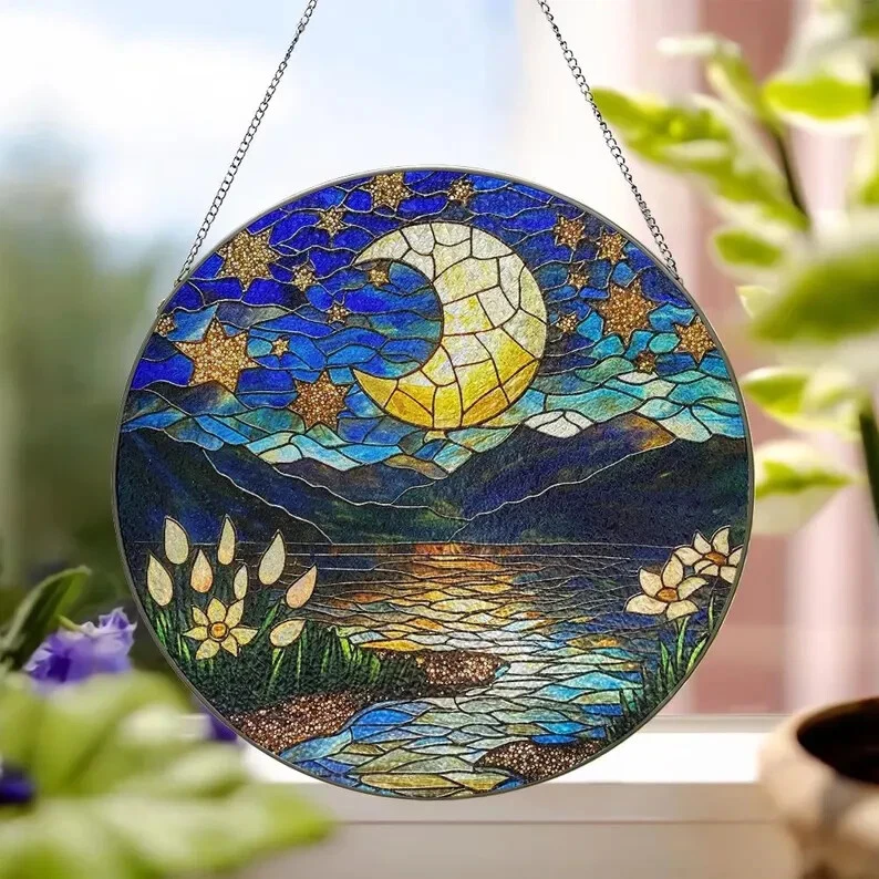 Moon and Star Stained Glass Suncatcher, Celestial Night Sky Ornament