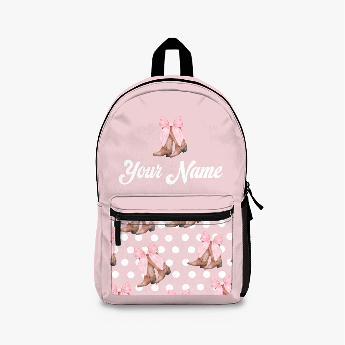 Personalized Coquette Cowgirl Backpack, Cowgirl Boots Bows Bookbag, Custom Name Back to School, Western Cute School Bag, Pastel Pink