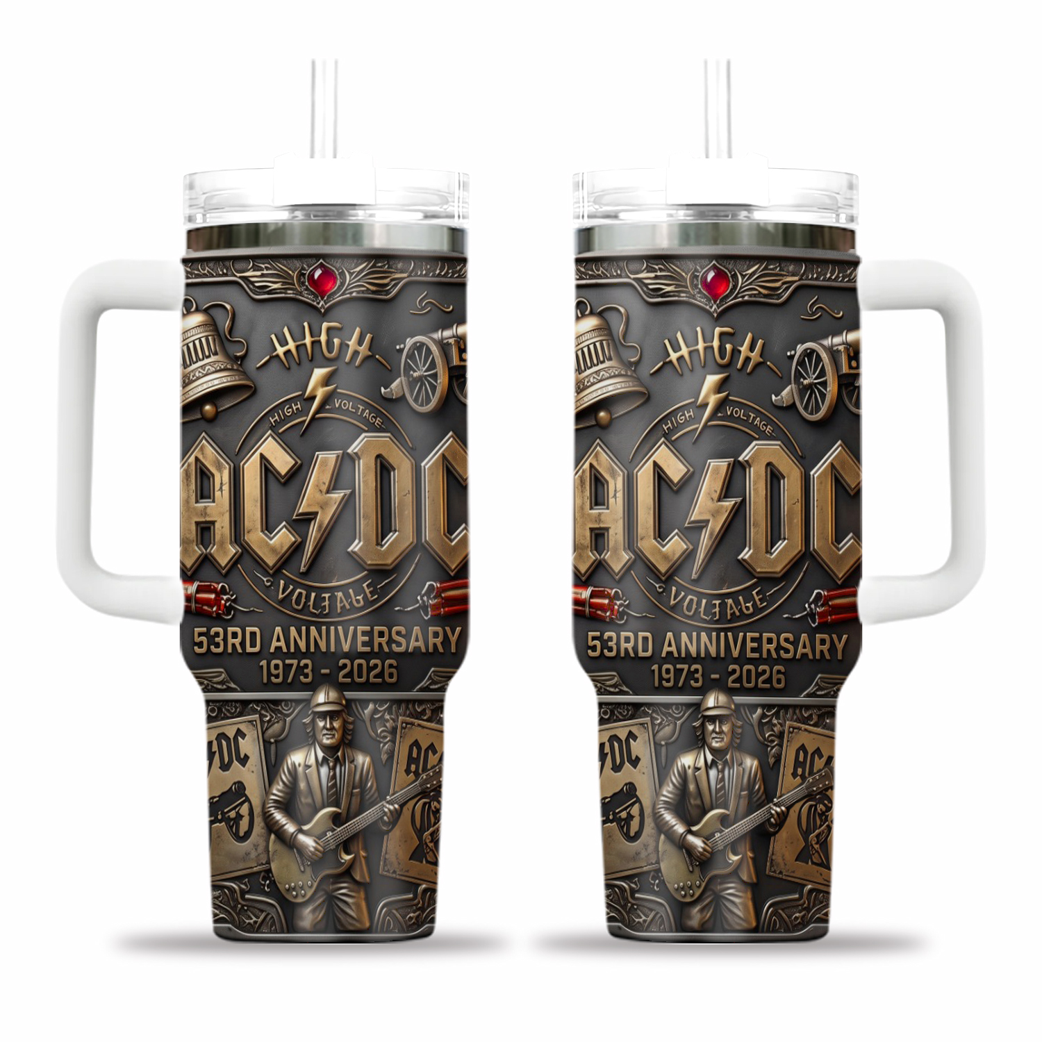 Rock Band Inspired Tumbler With Handle & Straw, Vintage Rock Music Anniversary Design Stainless Steel Cup, Guitar Lover Gift