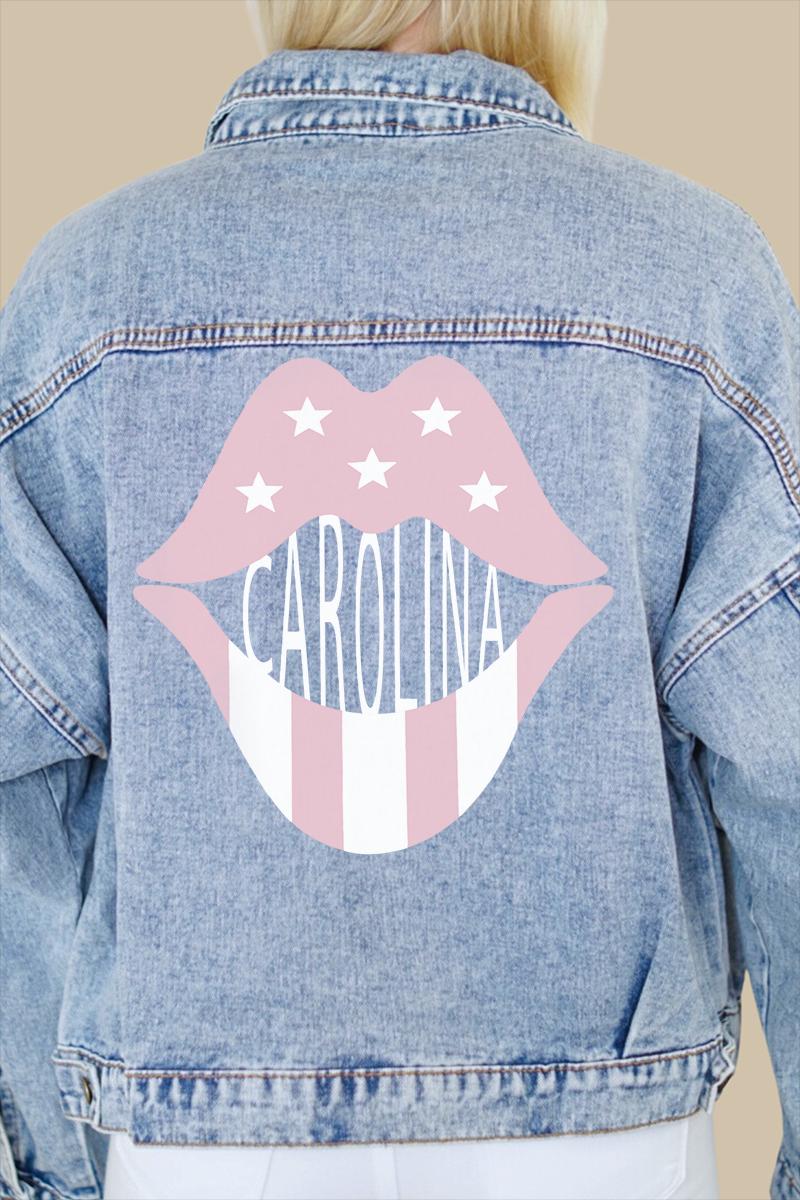 Carolina Rose Pink Lips Print Denim Jacket