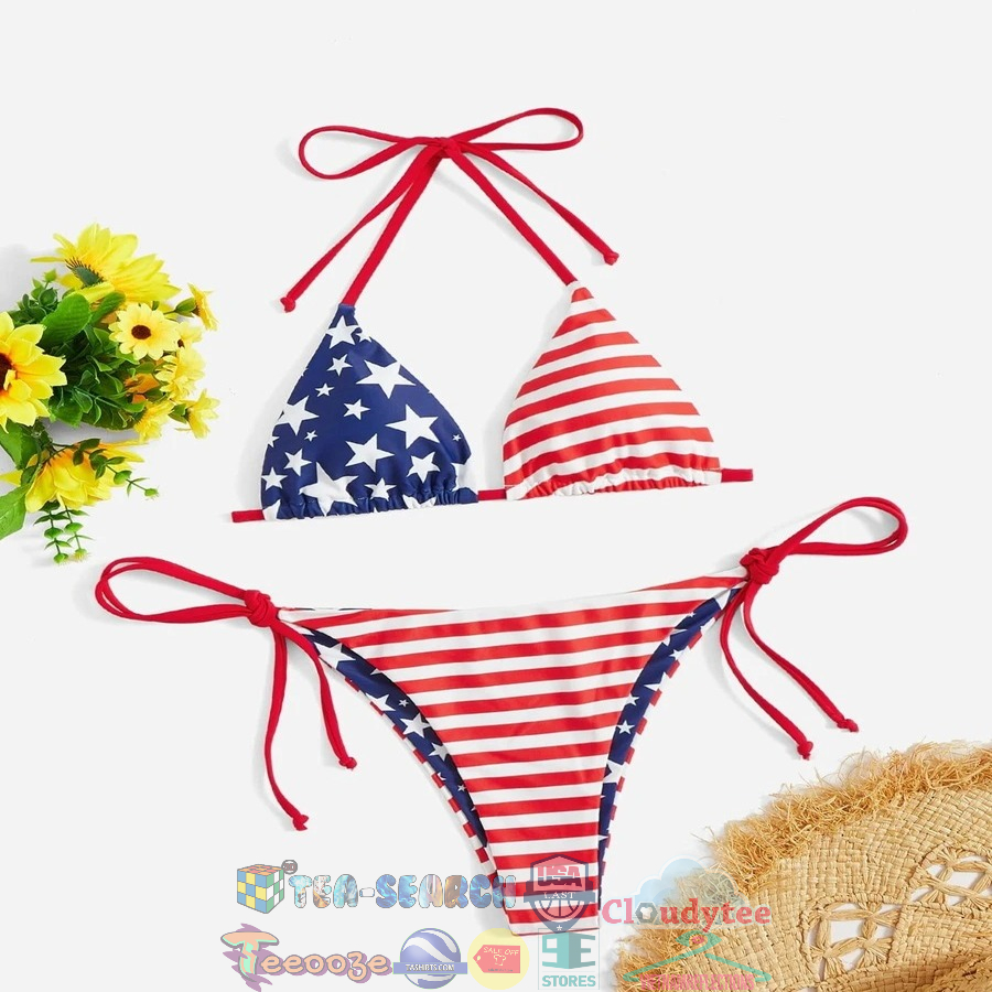 American Flag Triangle Halter Tie Side Women's Sling Bikini Swimsuit