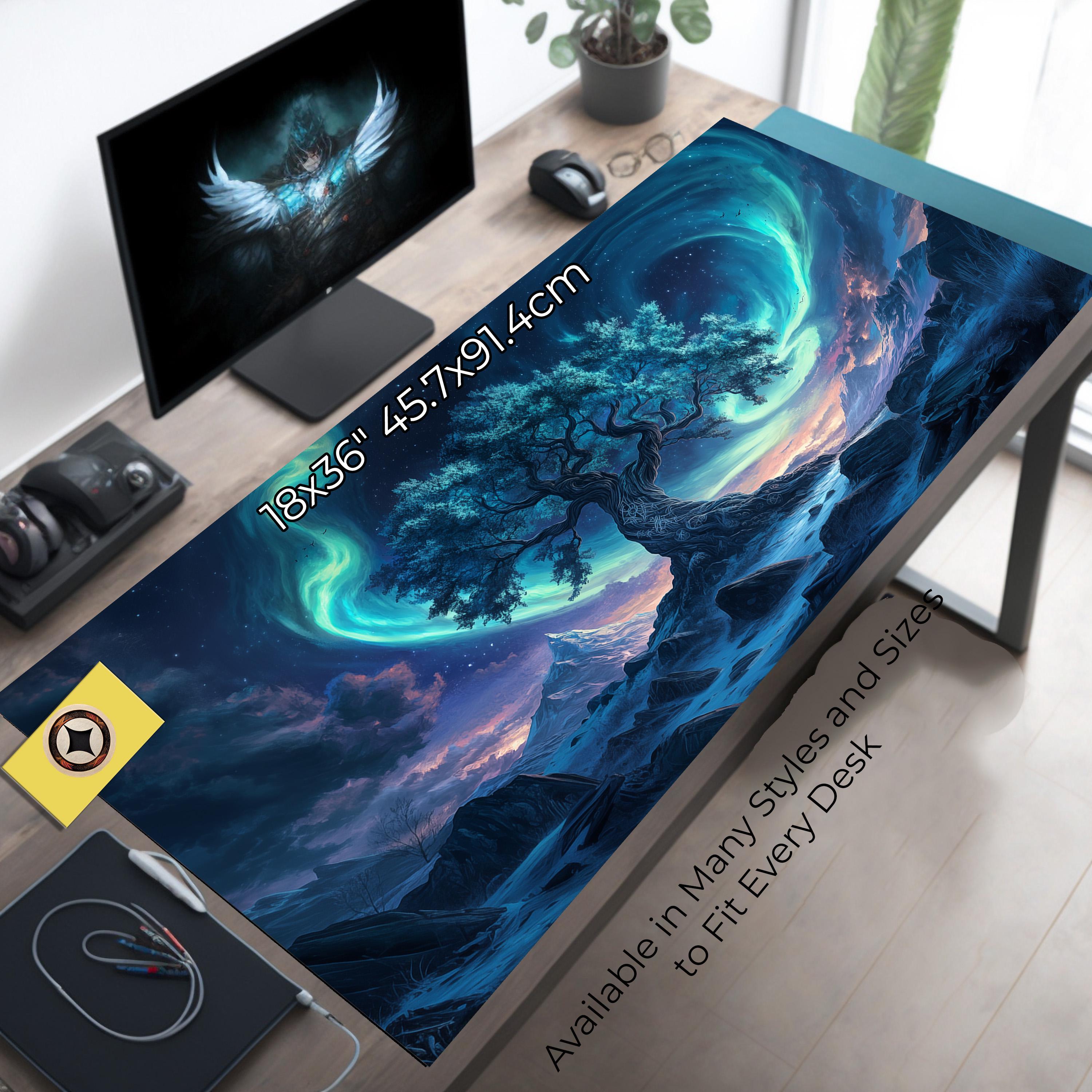 Yggdrasil and Northern Lights Desk Mat Mousepad - Viking Inspired Nordic Desk Decor